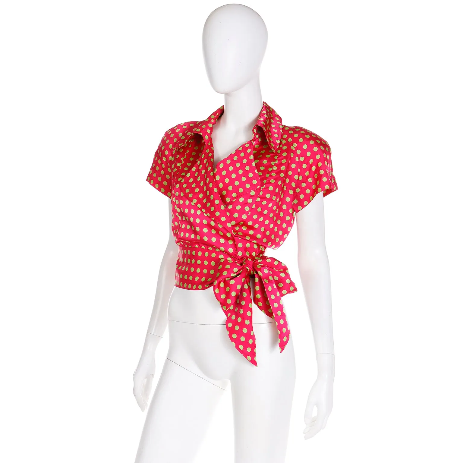 1980s Franco Moschino Red & Lime Green Polka Dot Tie Blouse