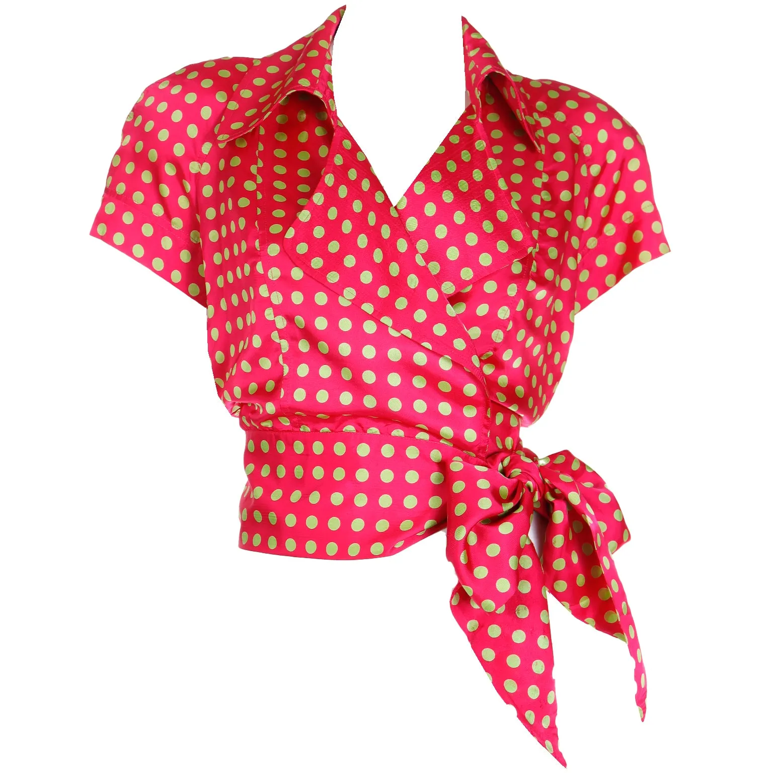 1980s Franco Moschino Red & Lime Green Polka Dot Tie Blouse