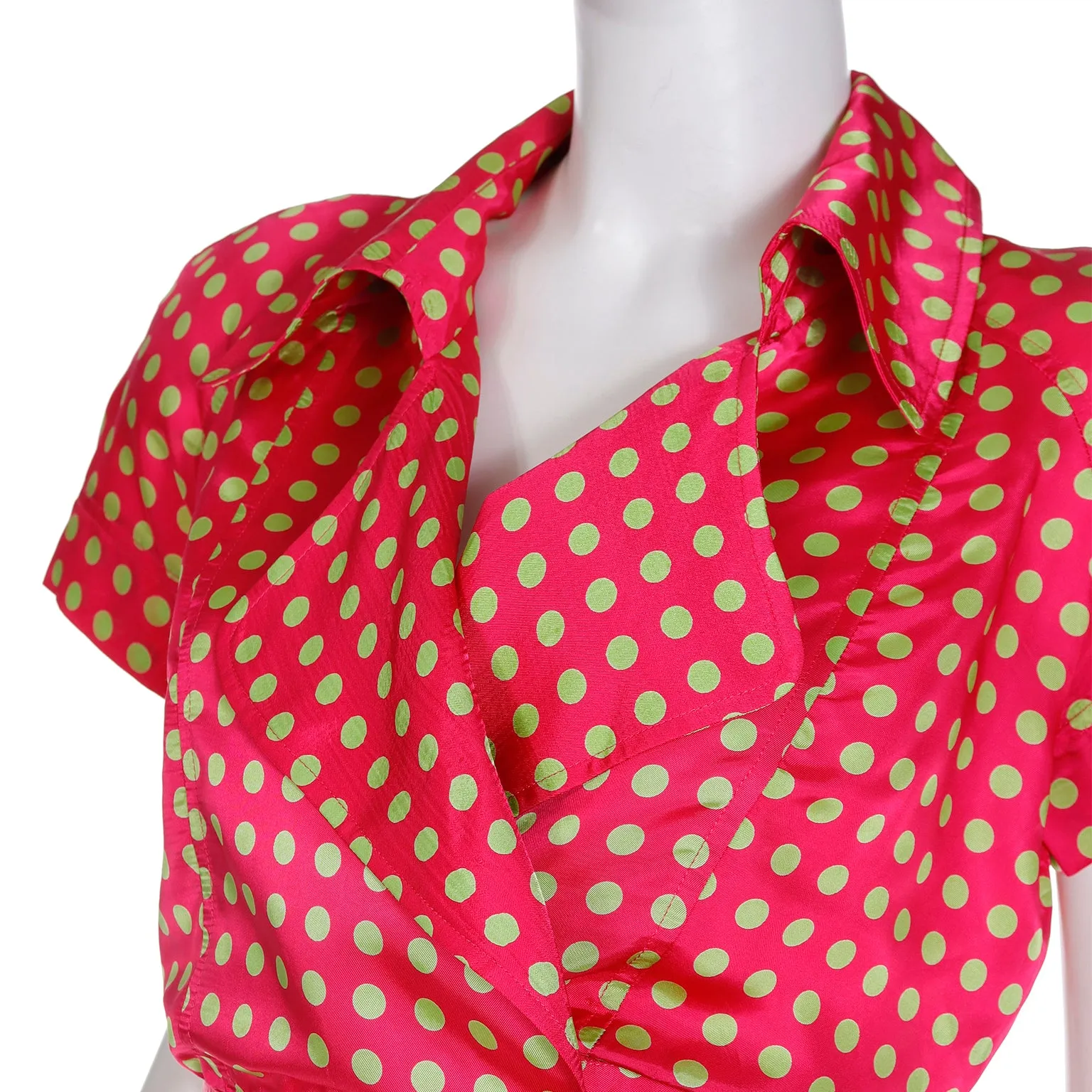 1980s Franco Moschino Red & Lime Green Polka Dot Tie Blouse