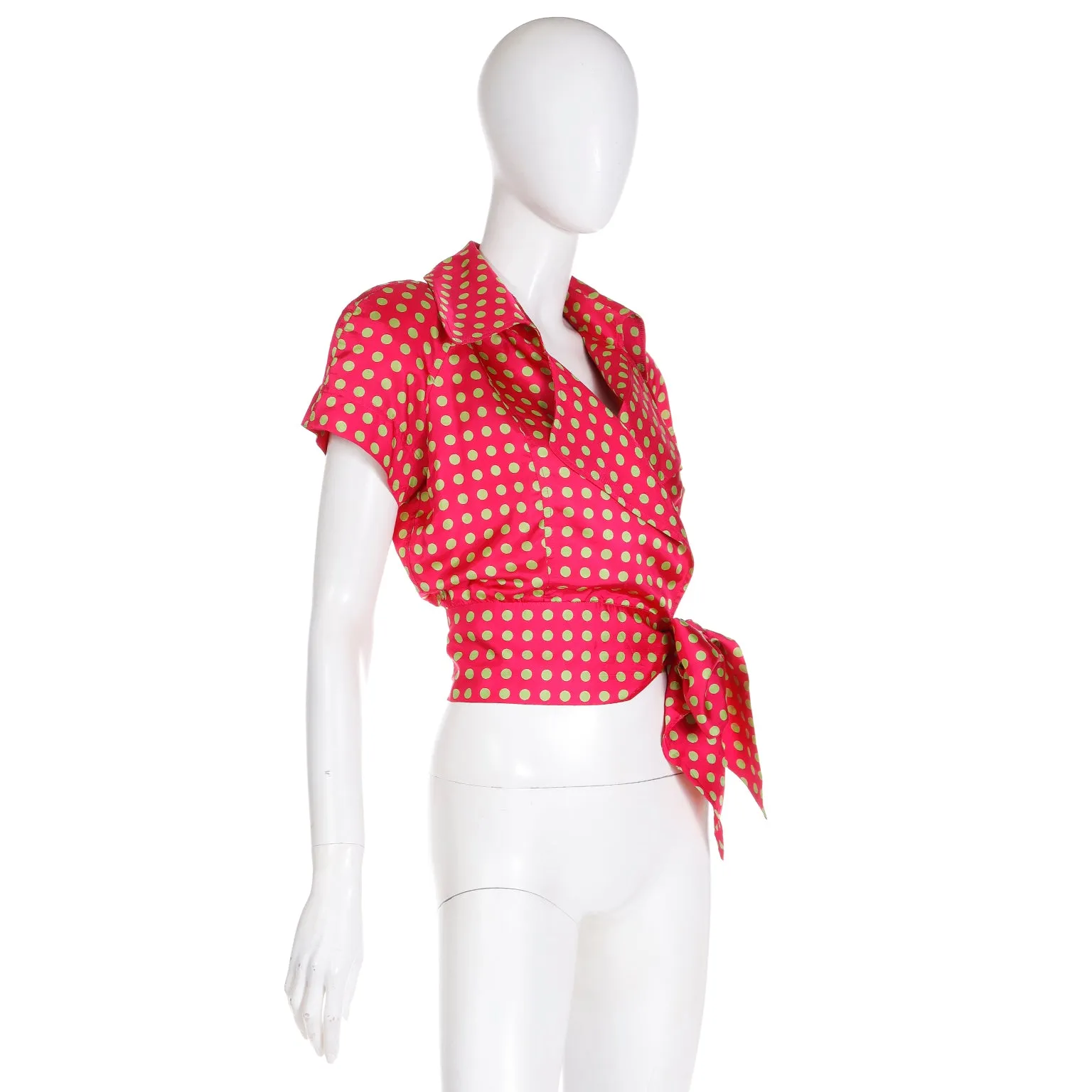 1980s Franco Moschino Red & Lime Green Polka Dot Tie Blouse