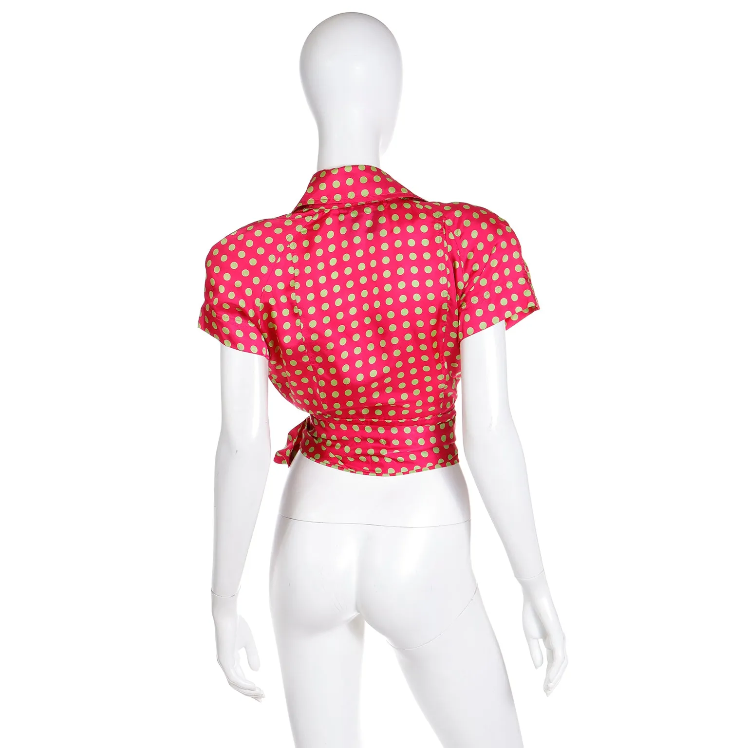 1980s Franco Moschino Red & Lime Green Polka Dot Tie Blouse