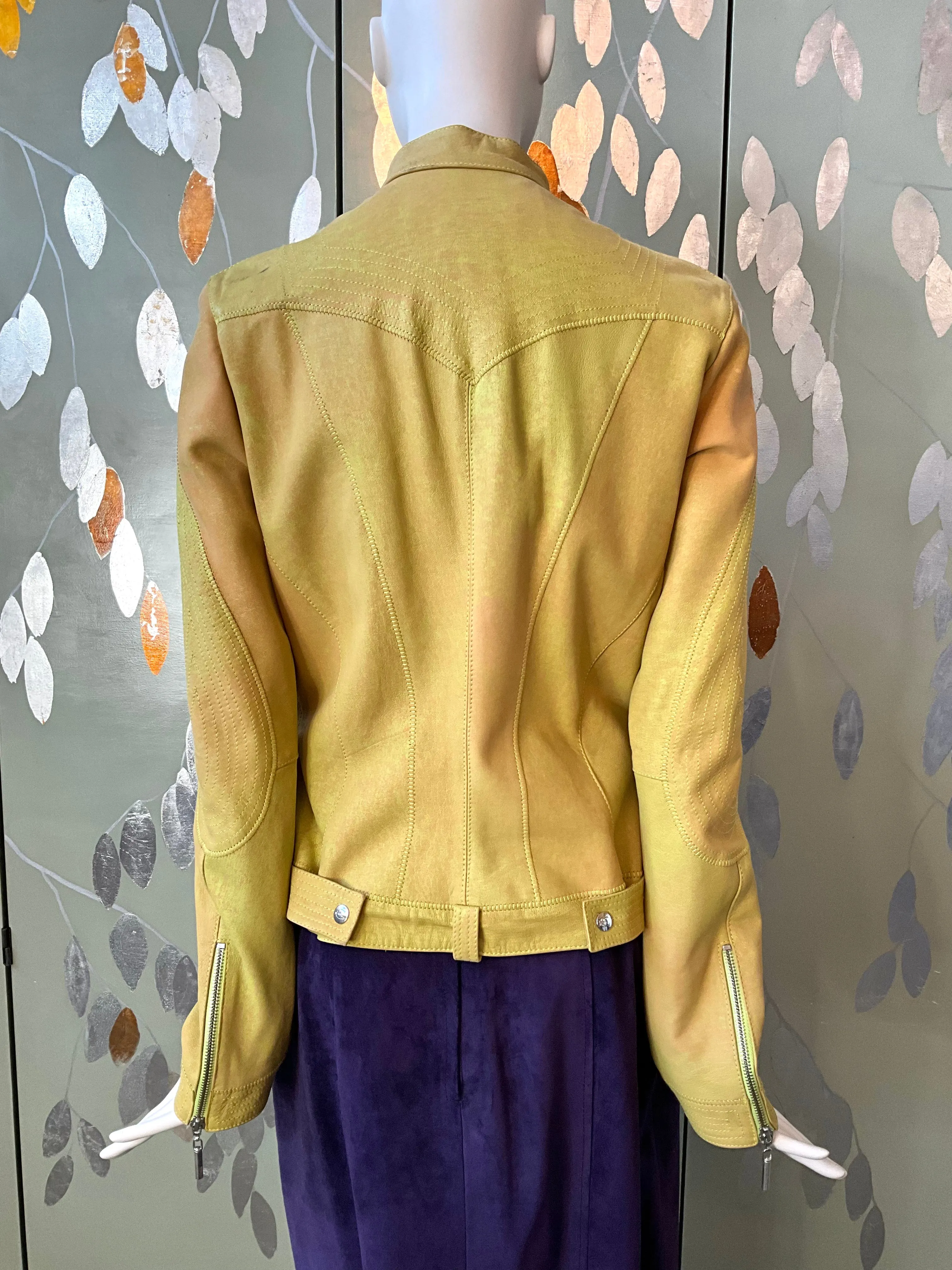 2000s Just Cavalli Chartreuse Leather Biker Jacket, Snake Zipper, Medium