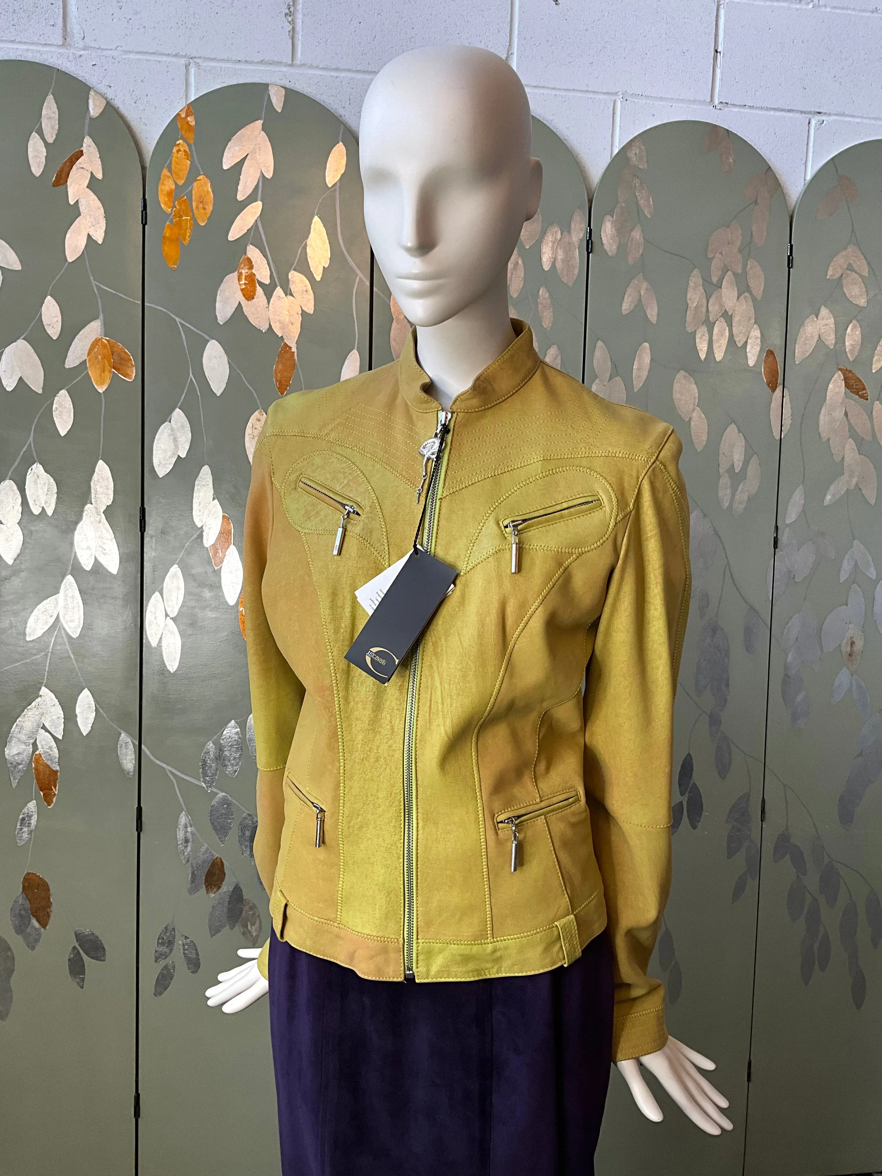 2000s Just Cavalli Chartreuse Leather Biker Jacket, Snake Zipper, Medium