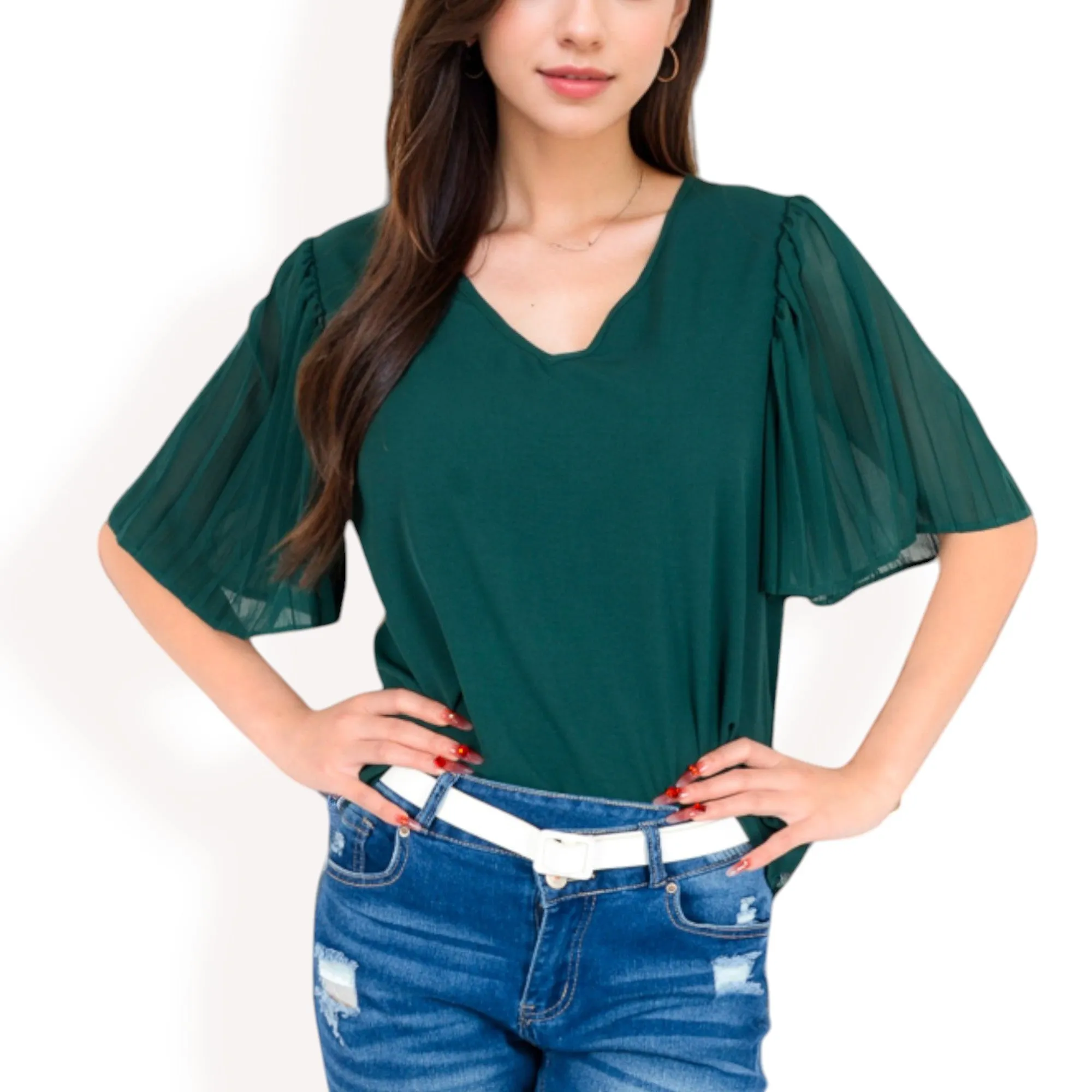 Anna-Kaci Women's V-Neck Blouse with Pleated Chiffon Flutter Sleeves