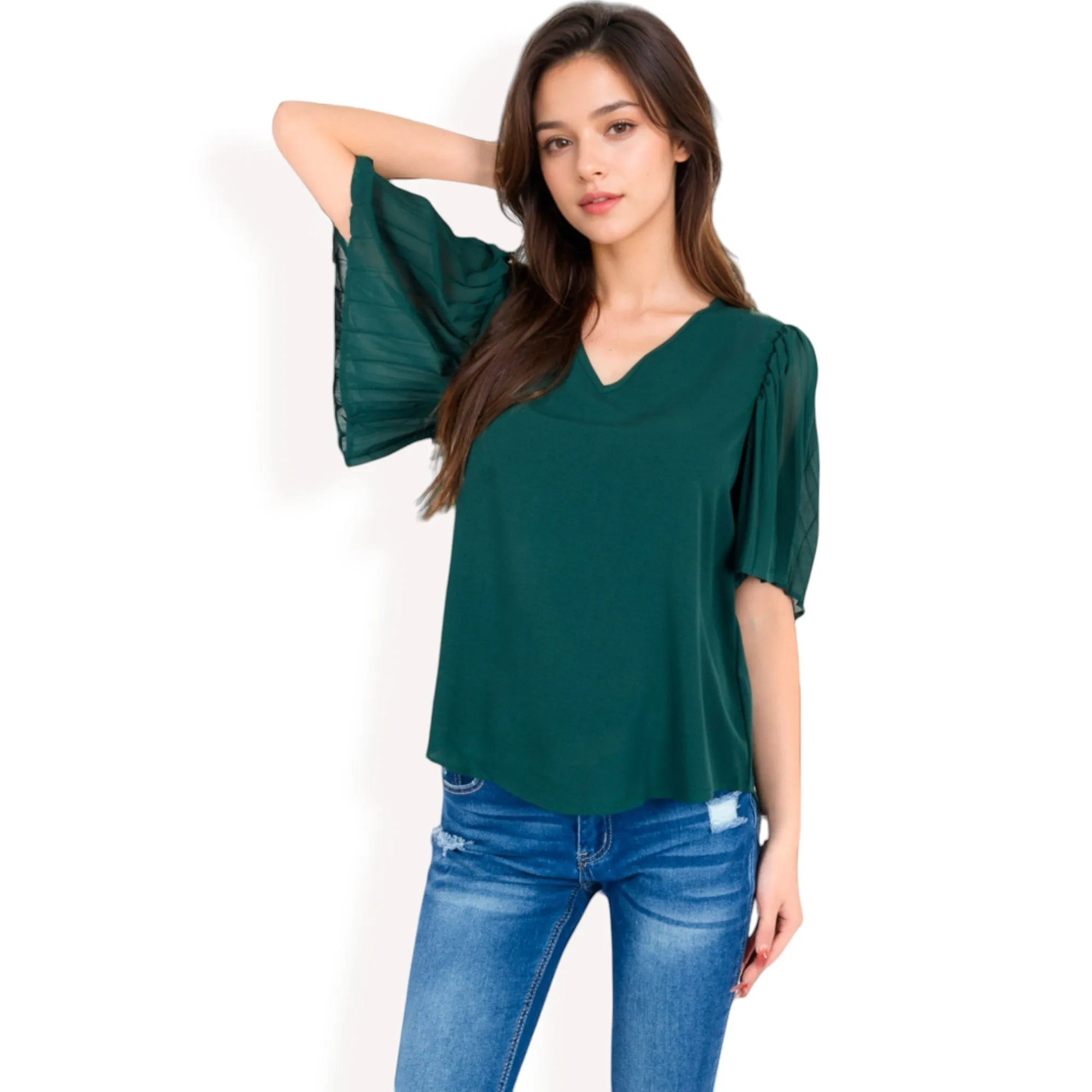 Anna-Kaci Women's V-Neck Blouse with Pleated Chiffon Flutter Sleeves