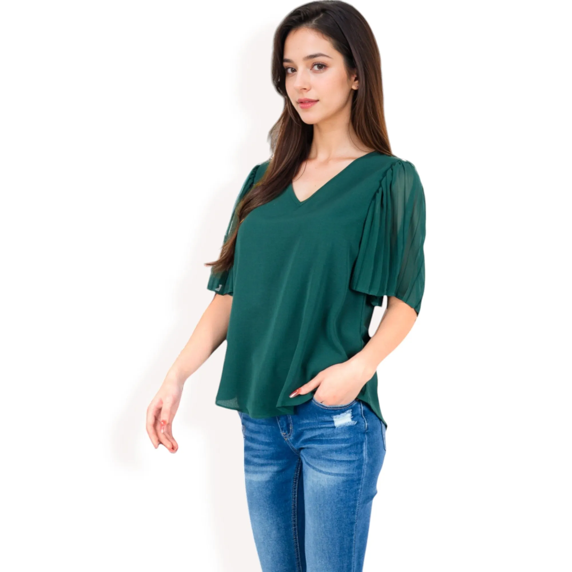 Anna-Kaci Women's V-Neck Blouse with Pleated Chiffon Flutter Sleeves