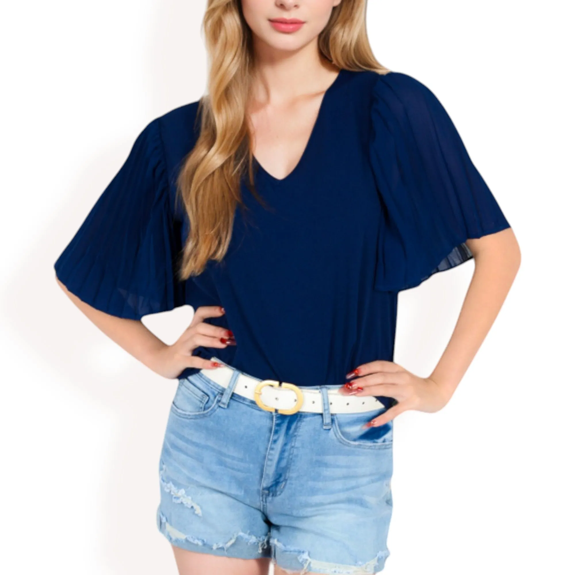 Anna-Kaci Women's V-Neck Blouse with Pleated Chiffon Flutter Sleeves