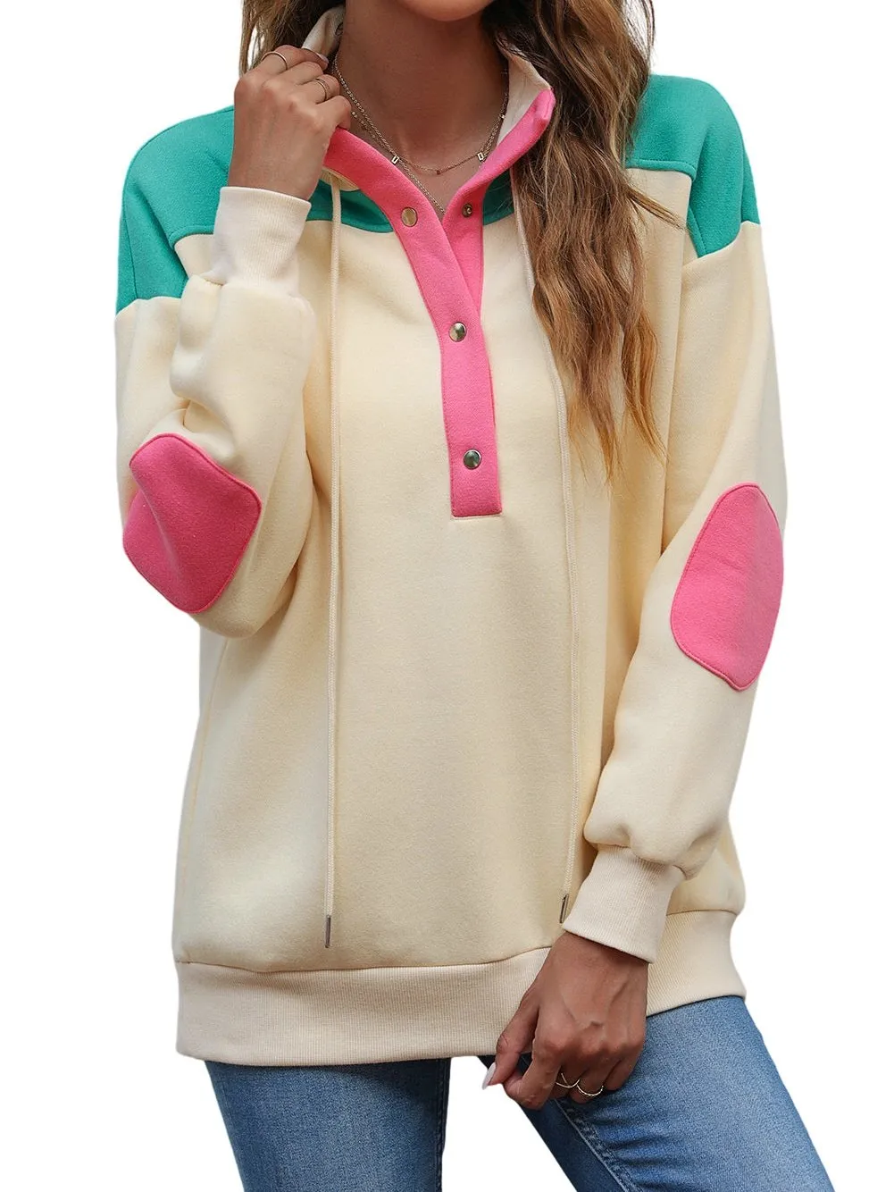 Apricot Colorblock V-Neck Elbow Patch Half Button Sweatshirt