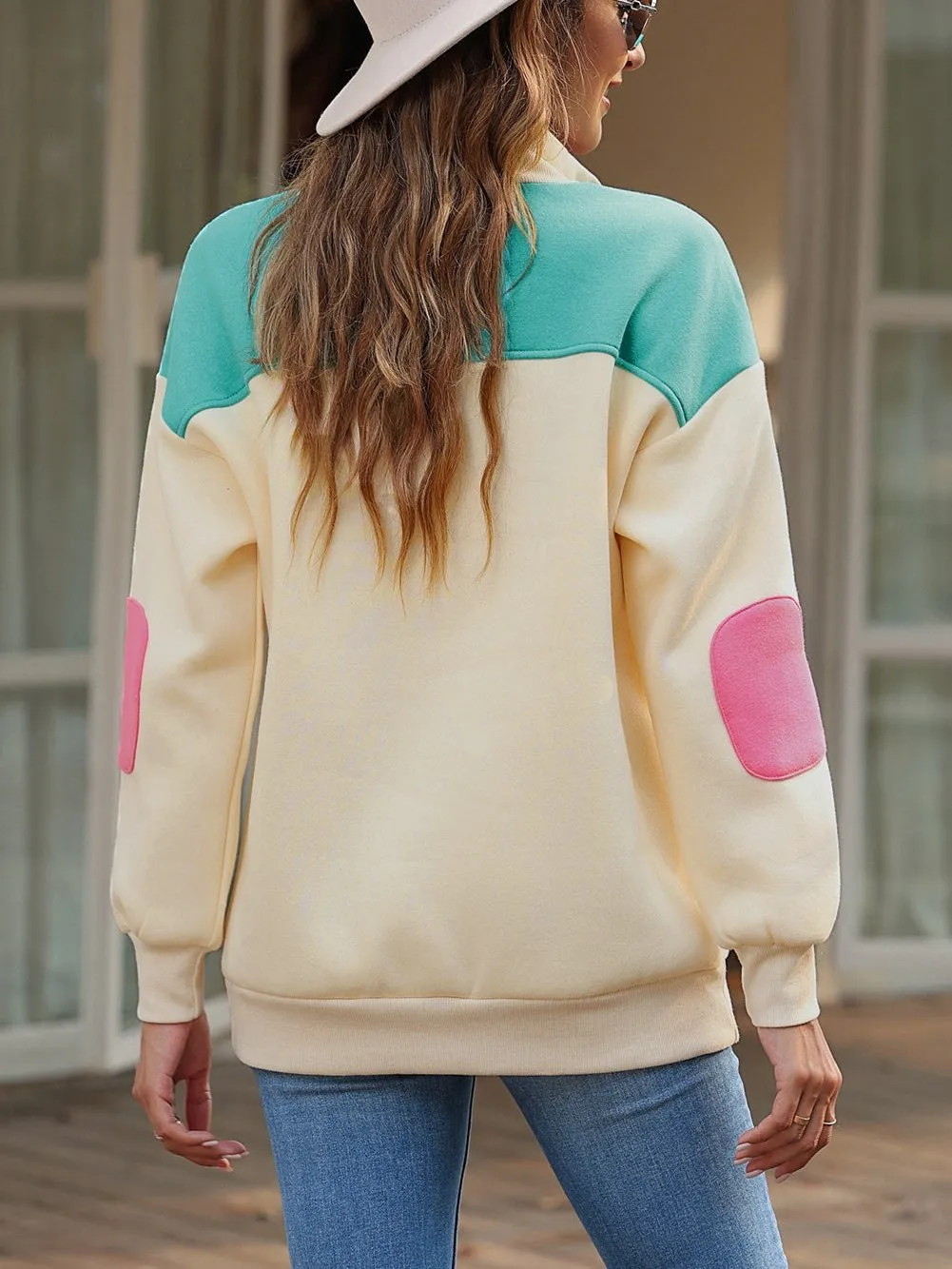 Apricot Colorblock V-Neck Elbow Patch Half Button Sweatshirt