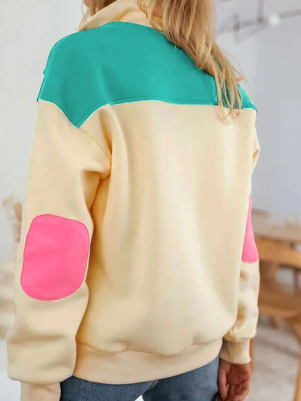 Apricot Colorblock V-Neck Elbow Patch Half Button Sweatshirt