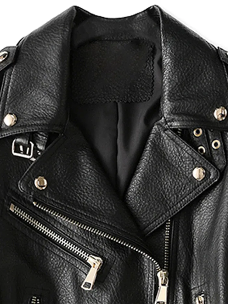 Ashore Shop Spring Autumn Short Black Soft Faux Leather Biker Jacket Women Long Sleeve Belt Autumn Cool Stylish European Fashion