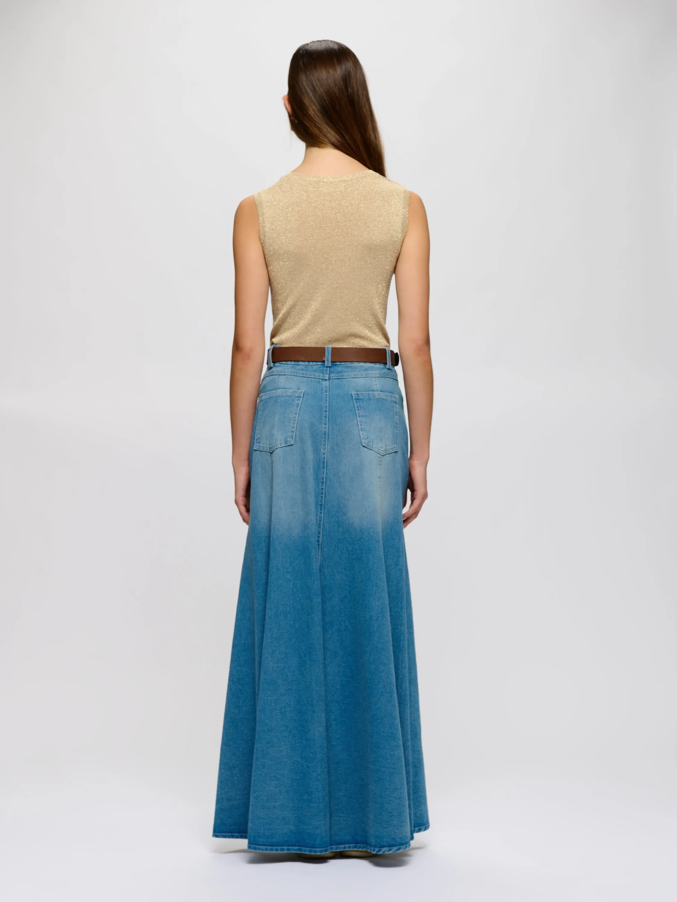 Belted Denim Maxi Skirt