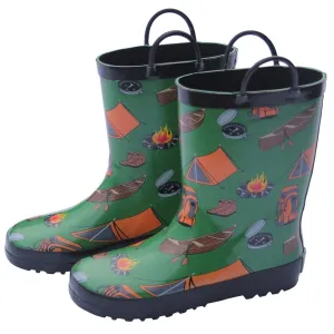 Boys Green Camping Print Pull On Handle Rubber Rain Boots 11-3 Kids