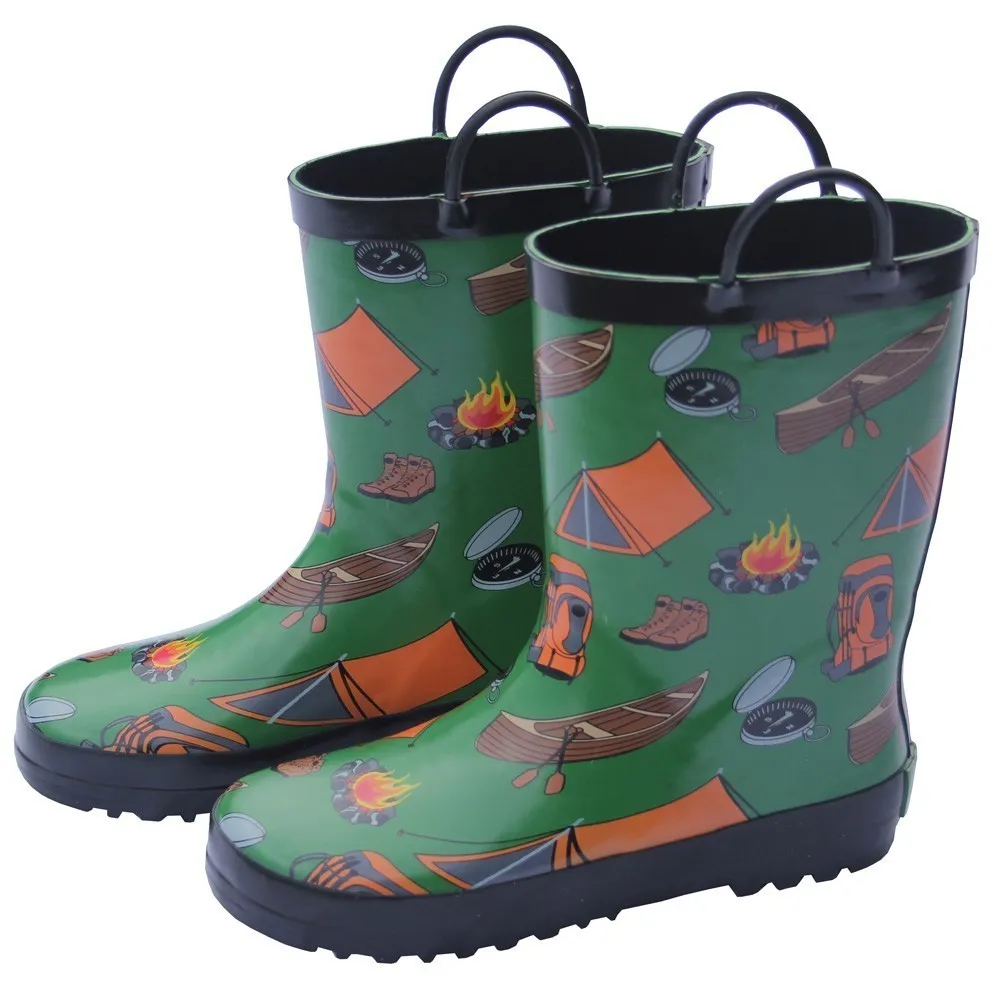 Boys Green Camping Print Pull On Handle Rubber Rain Boots 11-3 Kids