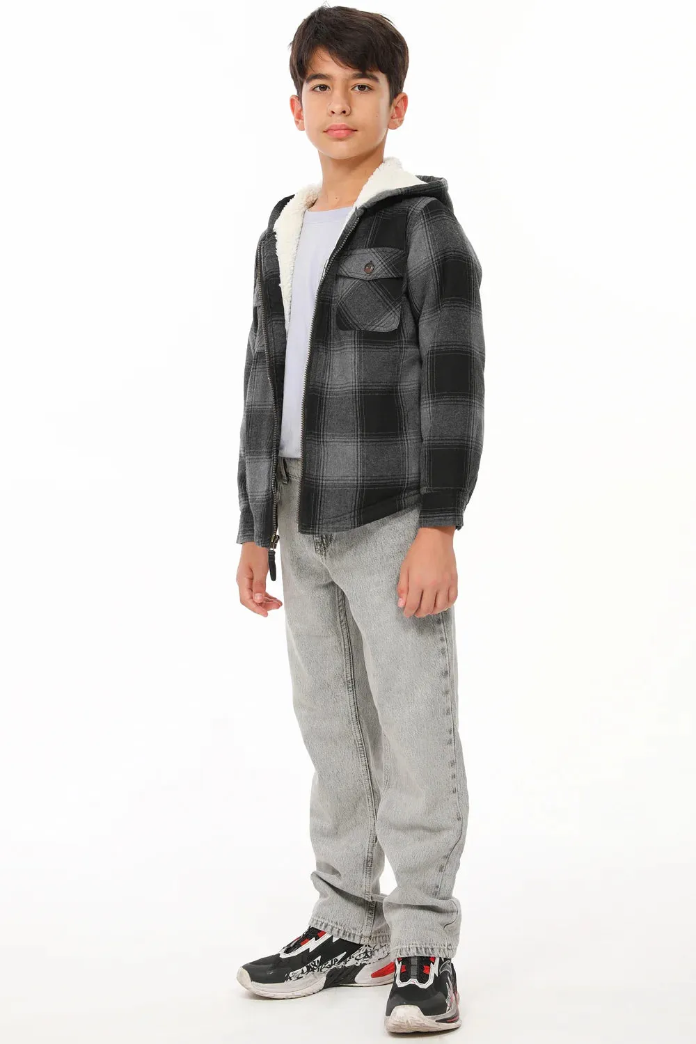 Boys Sherpa Lined Flannel Jacket,Full Zip Up Plaid