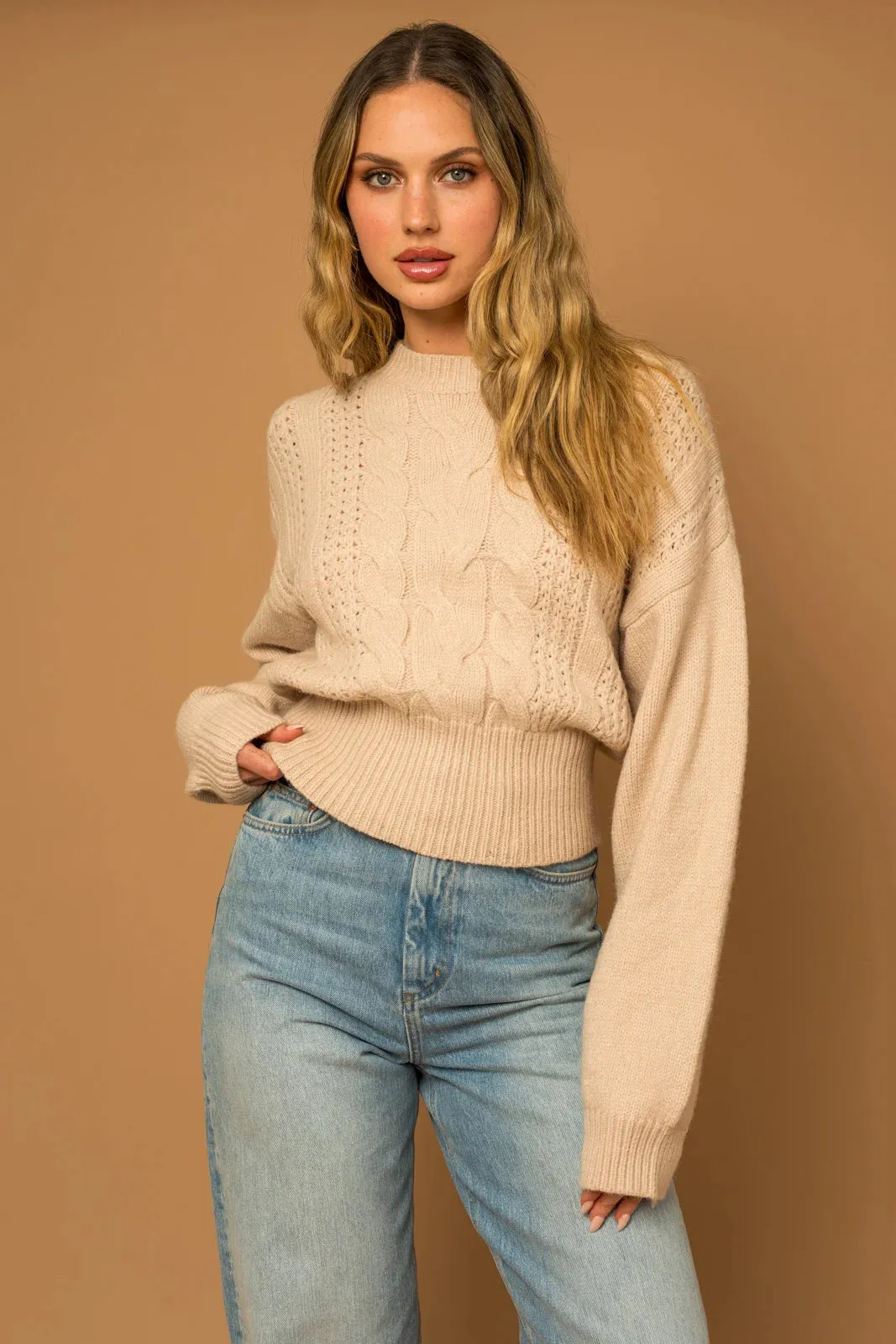 Cable Knit Long Sleeve Crew Neck Sweater