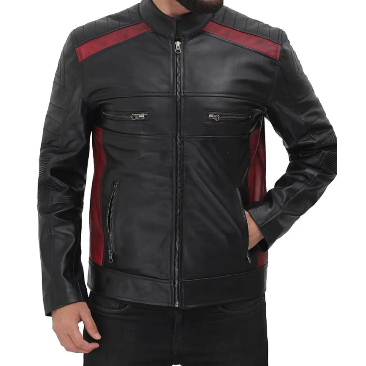 Cafe Racer Zipper Leather Jacket Mens