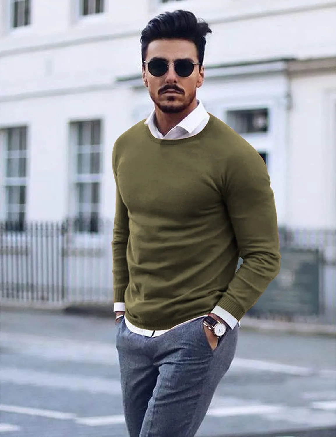 COOFANDY Men Casual Crew Neck Sweater Ribbed Knit Slim Fit Long Sleeve Pullover Top Army Green