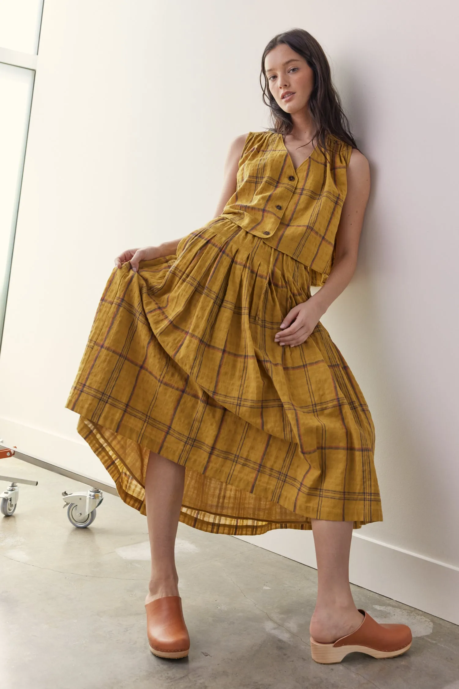 Drawstring cotton plaid skirts