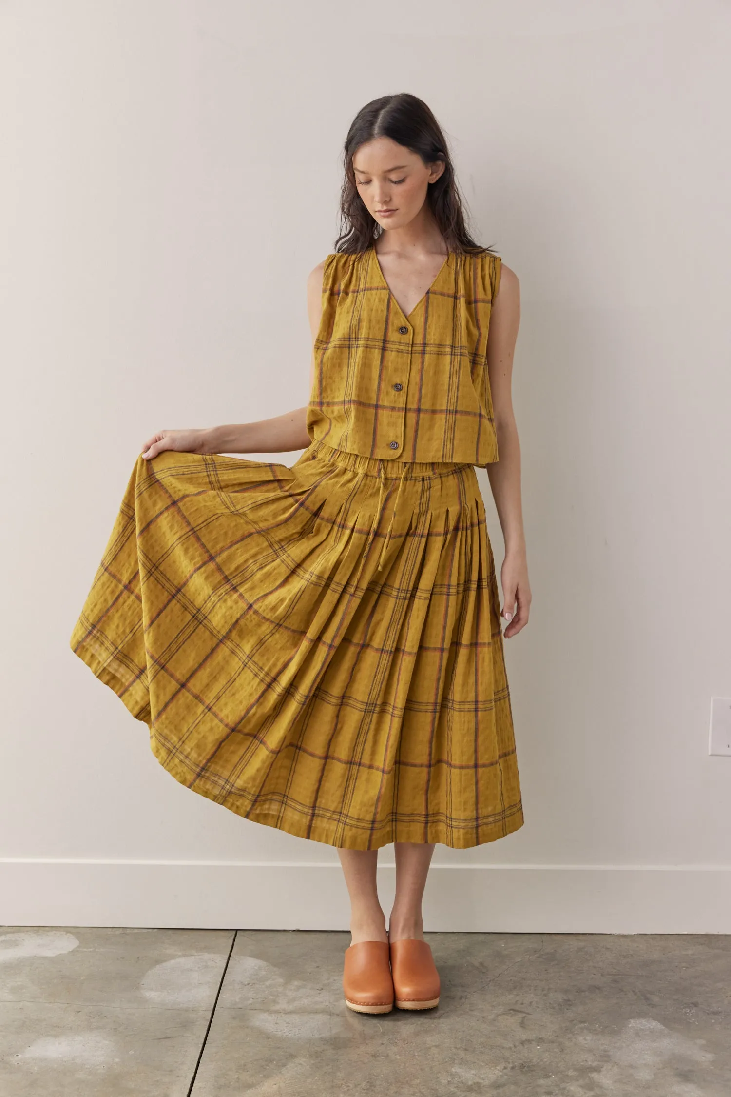 Drawstring cotton plaid skirts