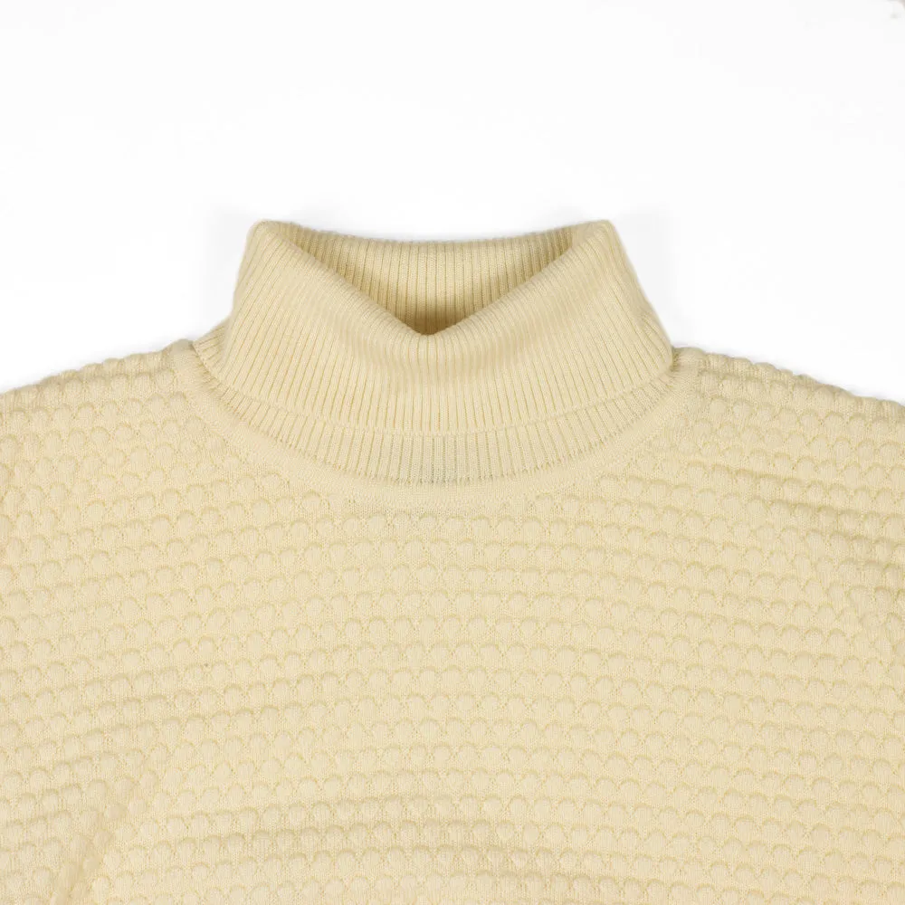 Ecru rollneck bubble stitch merino wool sweater