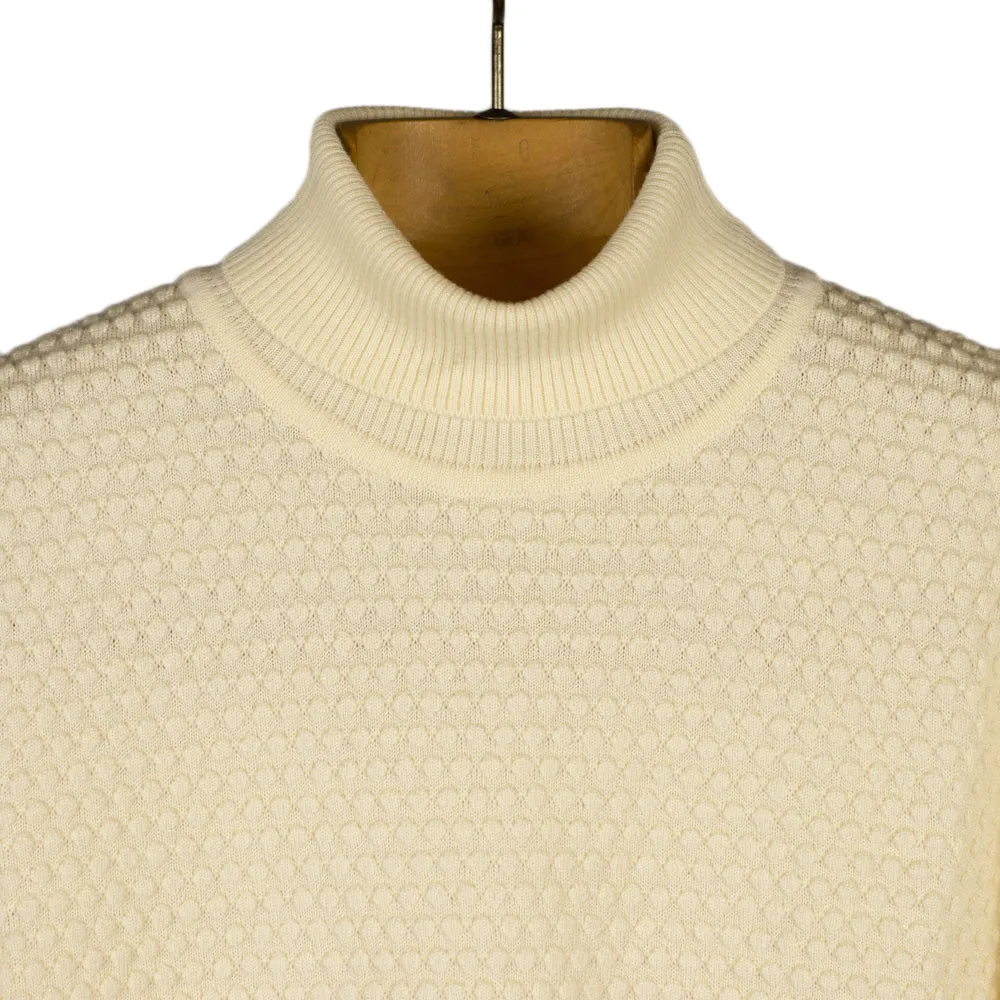 Ecru rollneck bubble stitch merino wool sweater