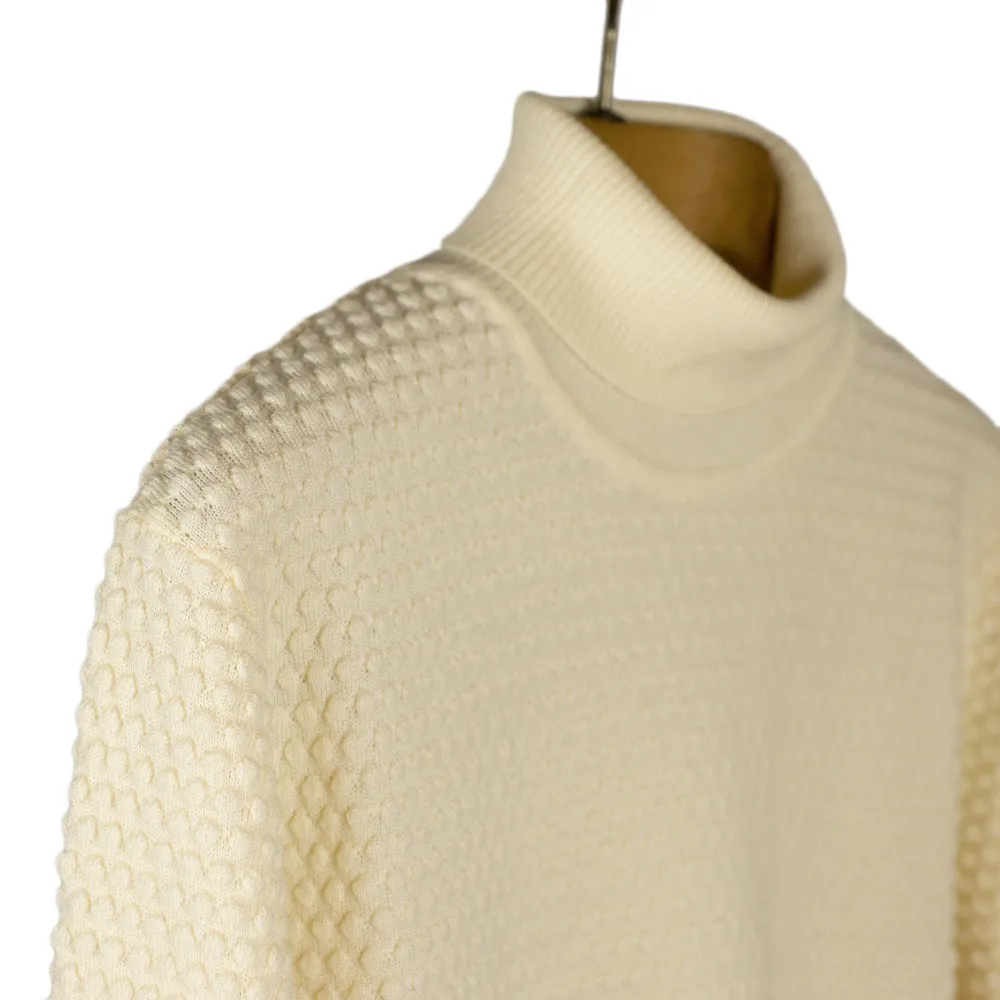 Ecru rollneck bubble stitch merino wool sweater