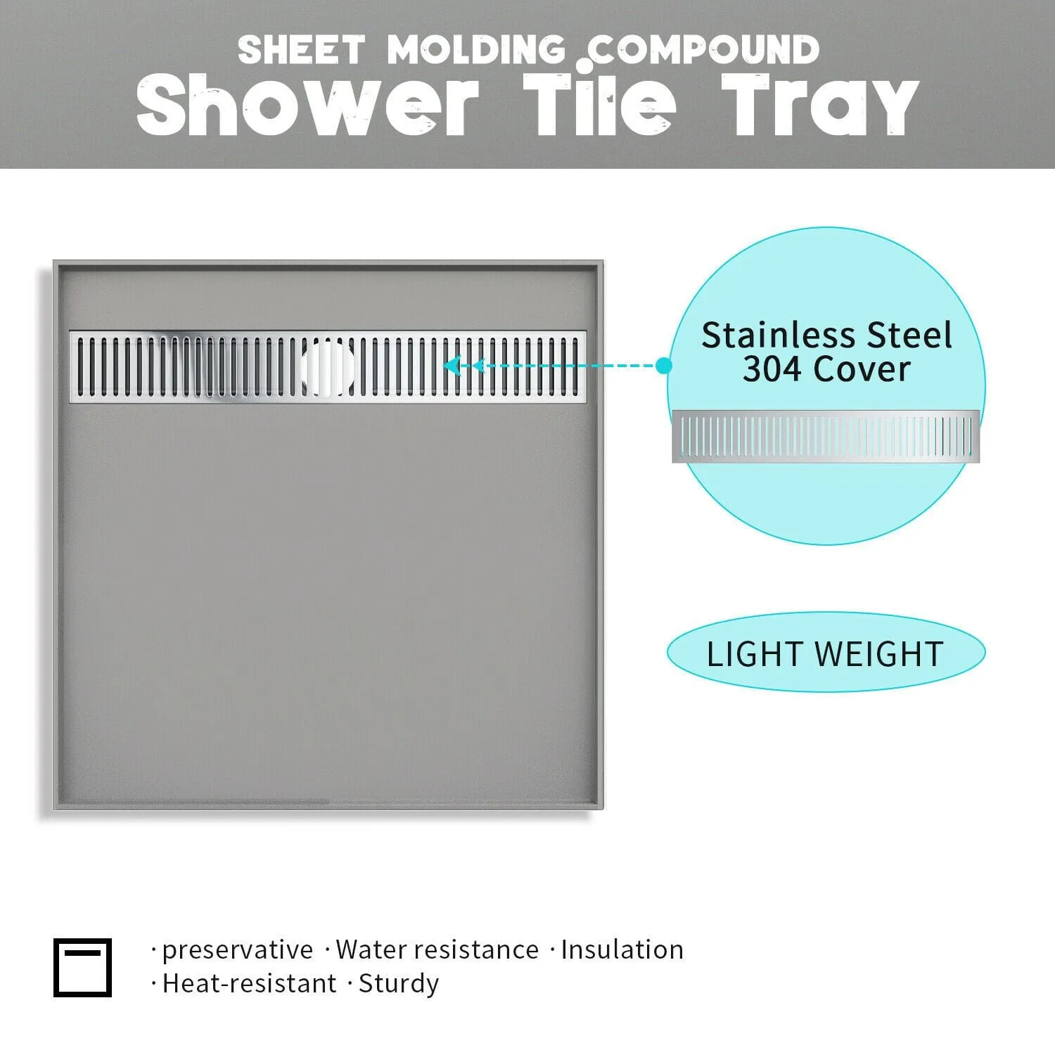 ELEGANT Rectangle Durable SMC Shower Base Gray - Tile over Tray Shower base