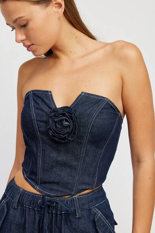 EMORY PARK Denim Tube Top with Rosette Detail