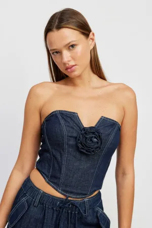 EMORY PARK Denim Tube Top with Rosette Detail