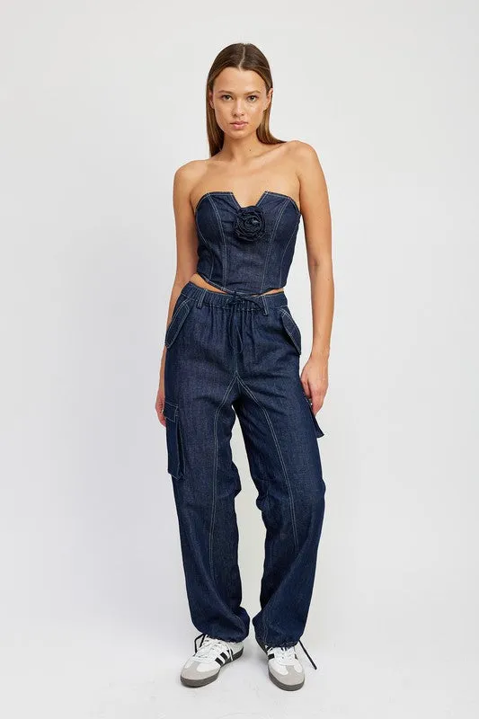 EMORY PARK Denim Tube Top with Rosette Detail