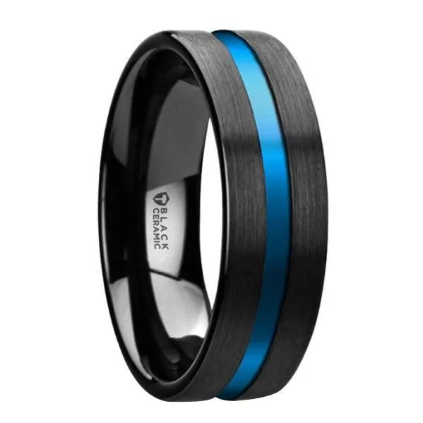 Flat Brushed Finish Black Ceramic Ring with Blue Grooved Center