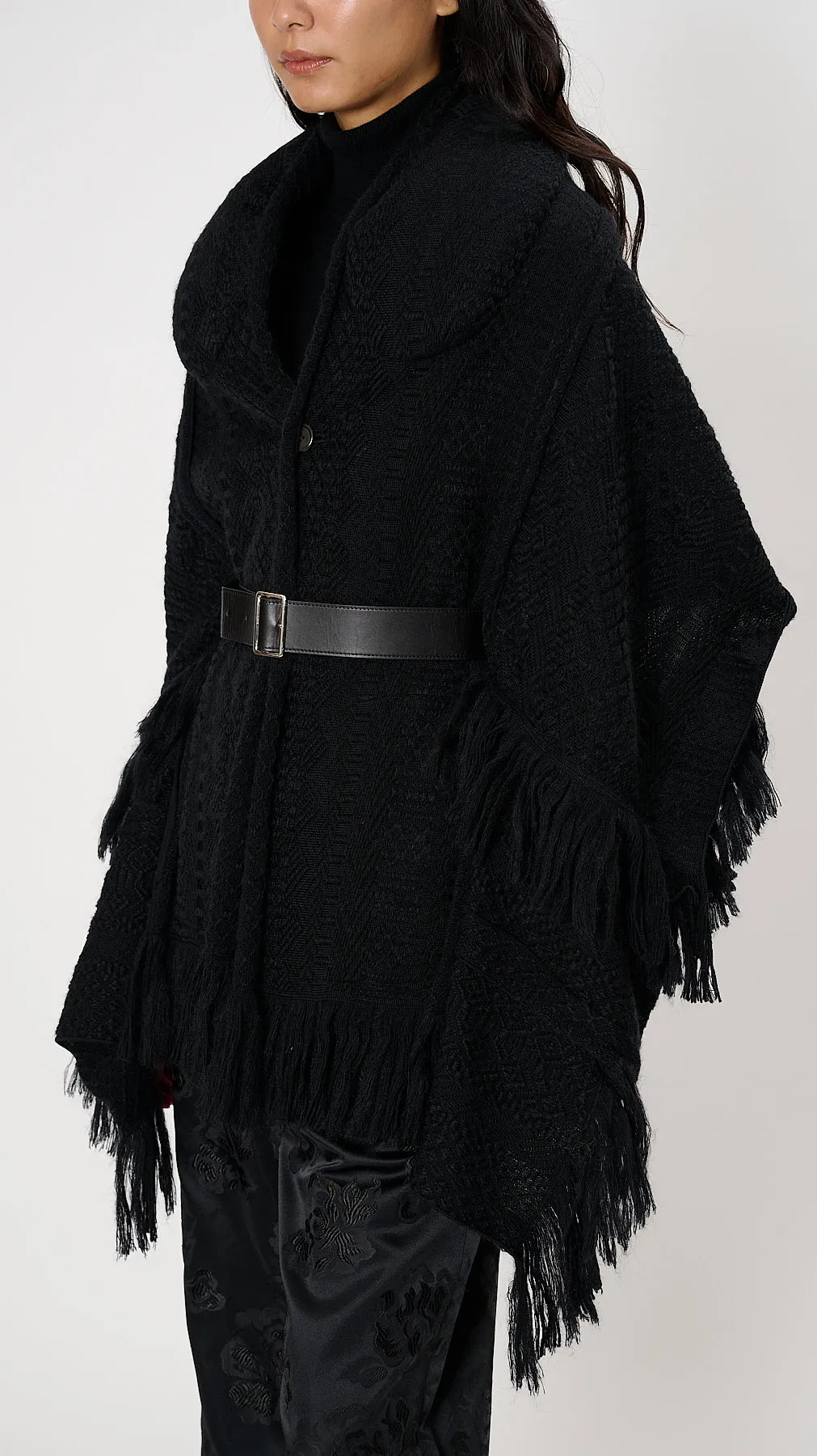 Fringed Knit Cardigan in Black