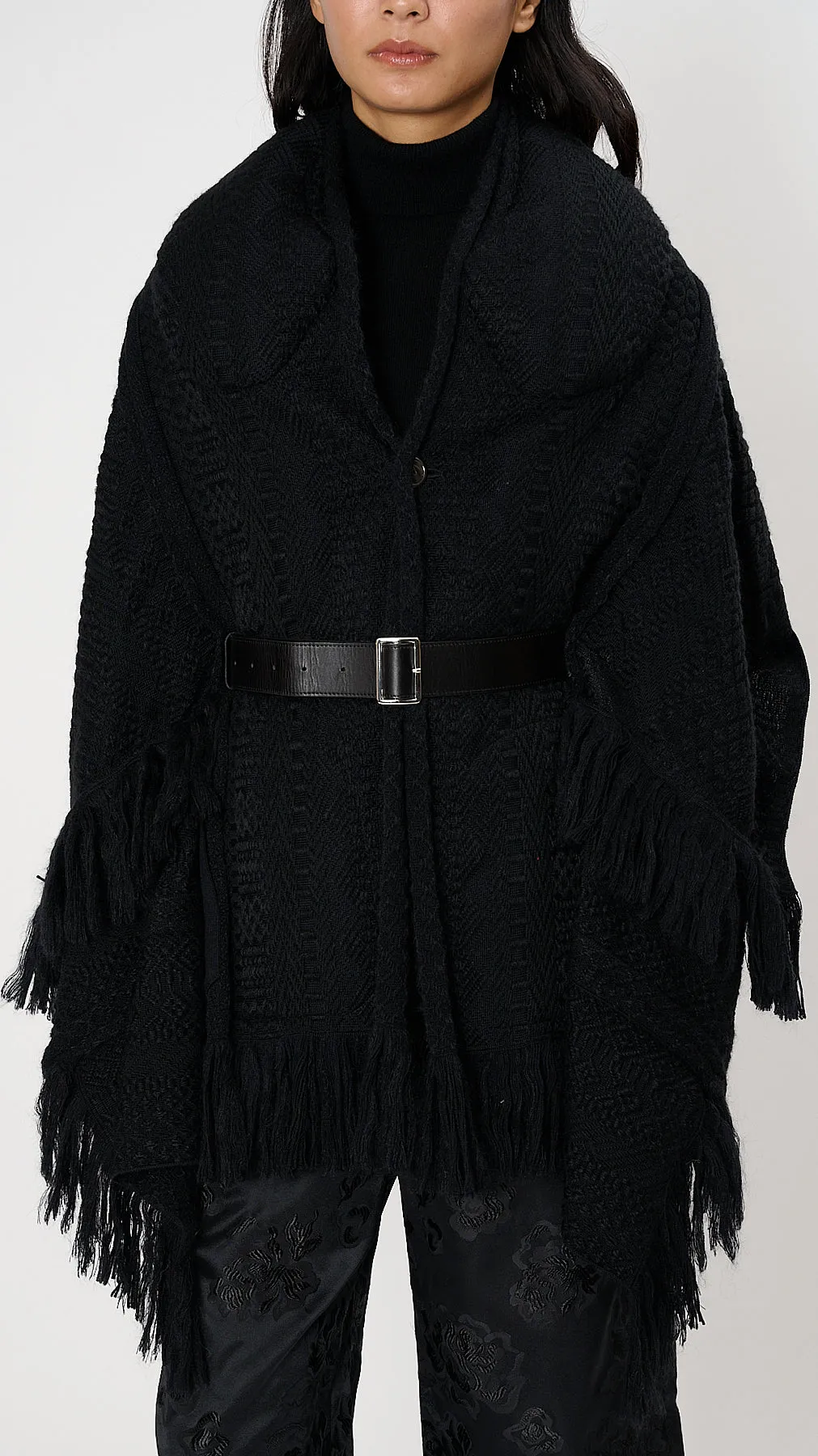 Fringed Knit Cardigan in Black