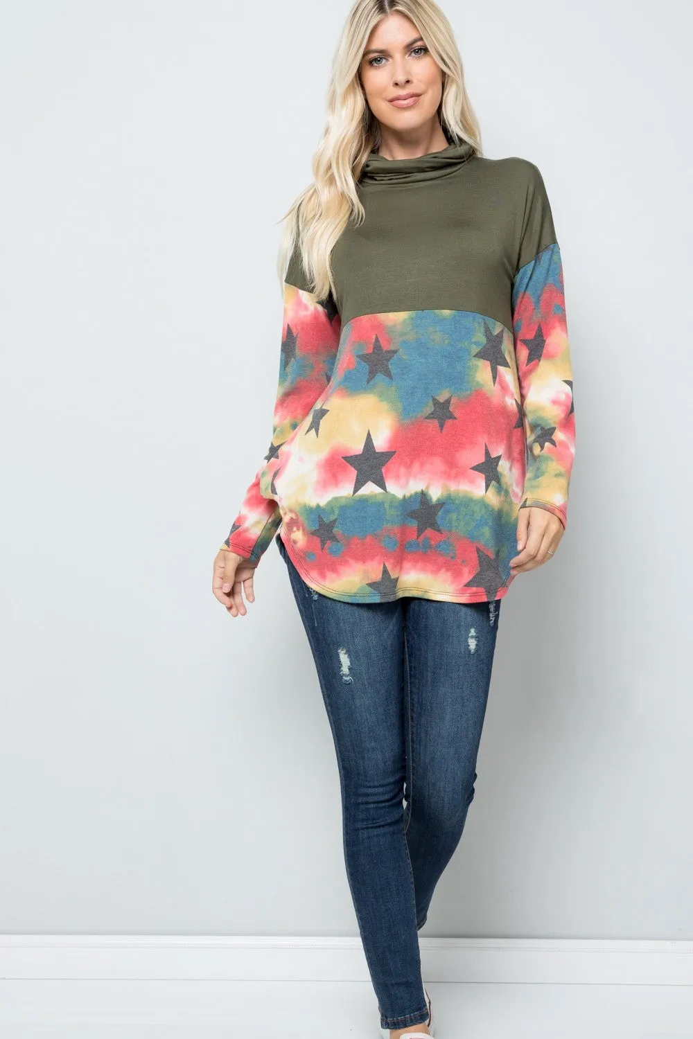 Full Size Tie-Dye Star Print Long Sleeve Blouse