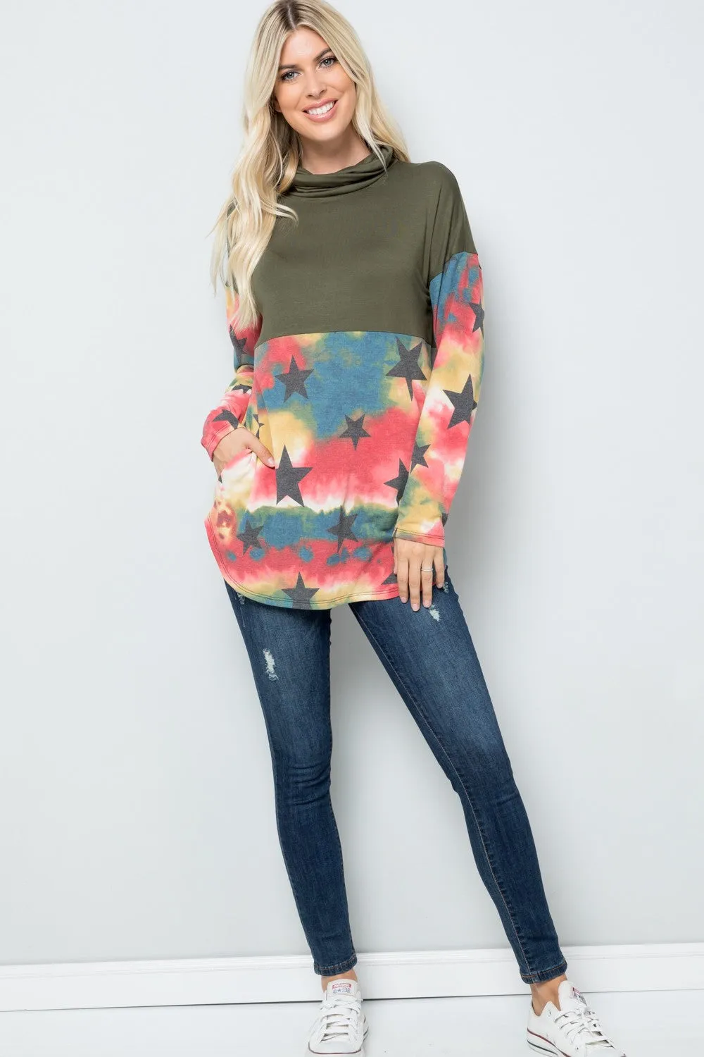 Full Size Tie-Dye Star Print Long Sleeve Blouse