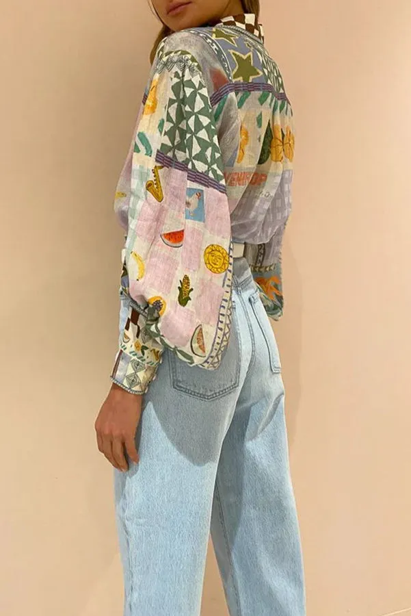 Fun and Nostalgic Unique Print Balloon Sleeve Button Loose Shirt