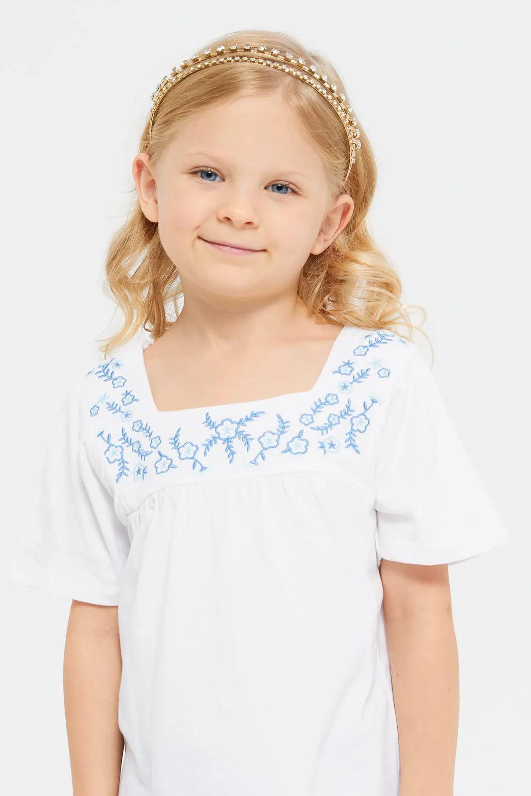 Girls White Jersey Yoke Embroidered Top