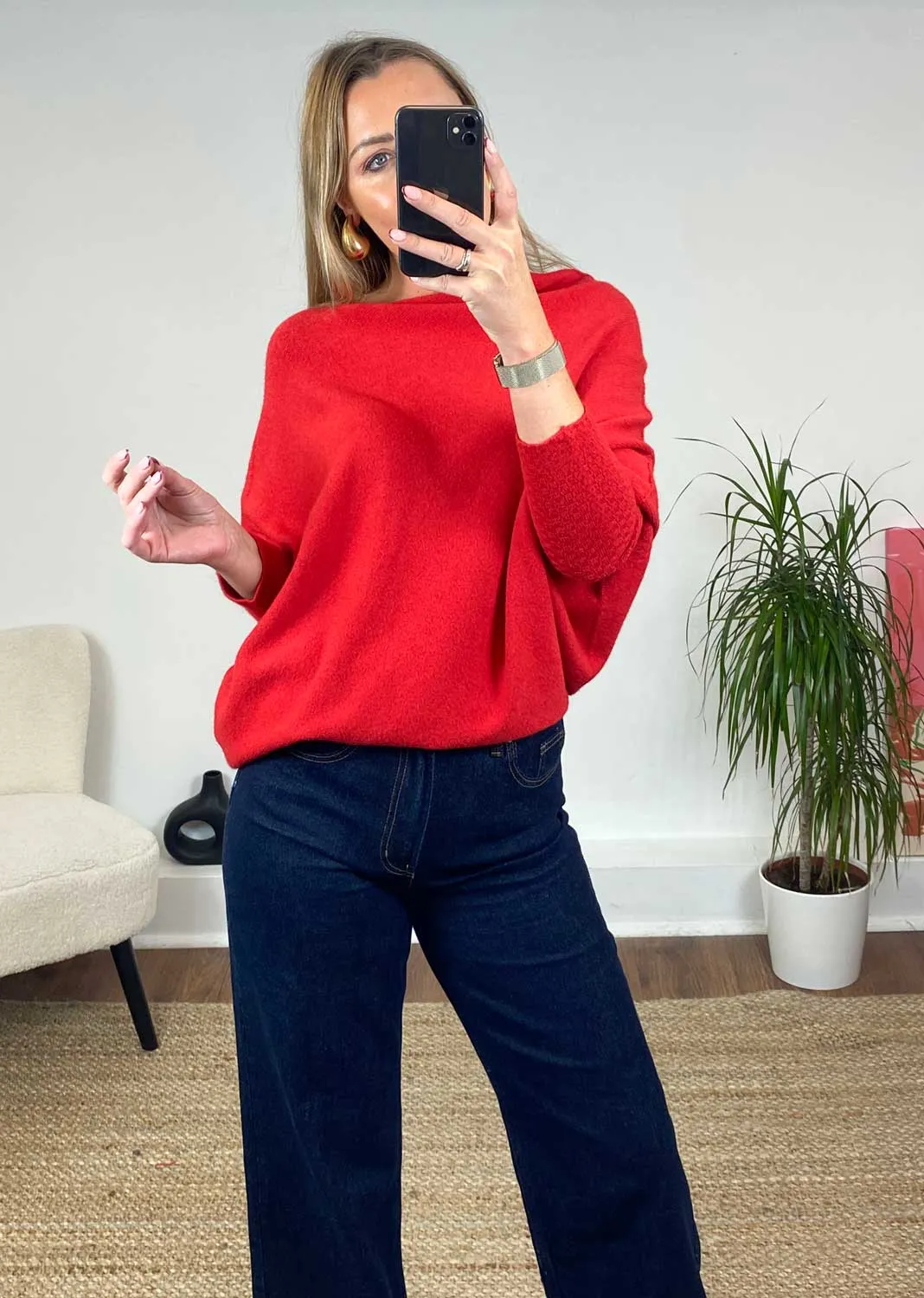 Grace Asymmetric Knit Jumper in Bright Red