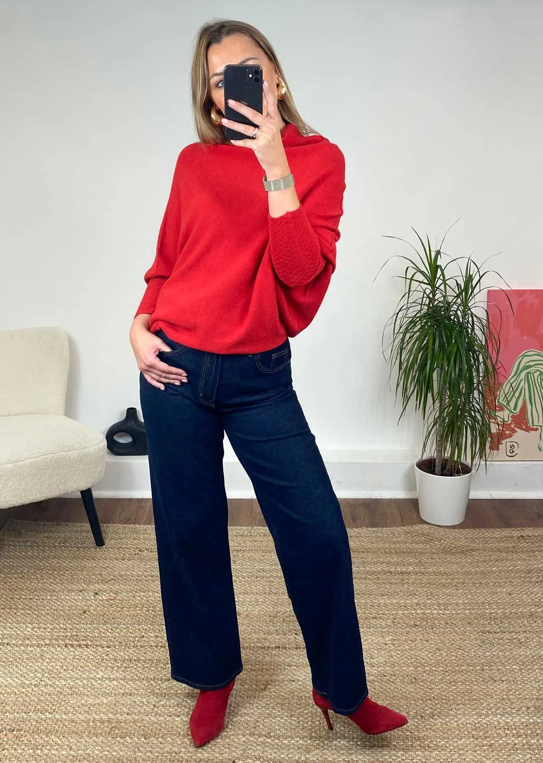 Grace Asymmetric Knit Jumper in Bright Red