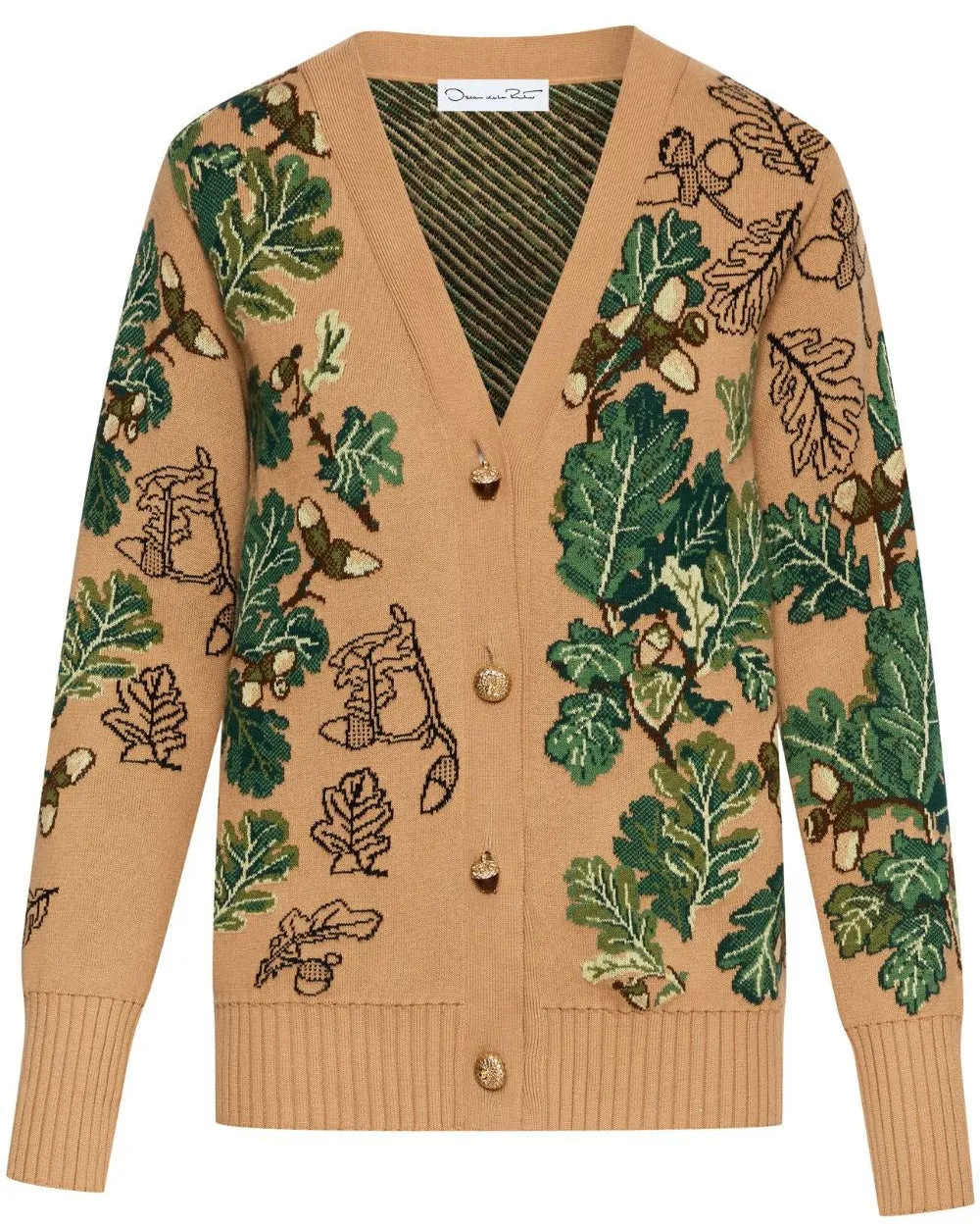 Green and Camel Acorn Jacquard Long Cardigan