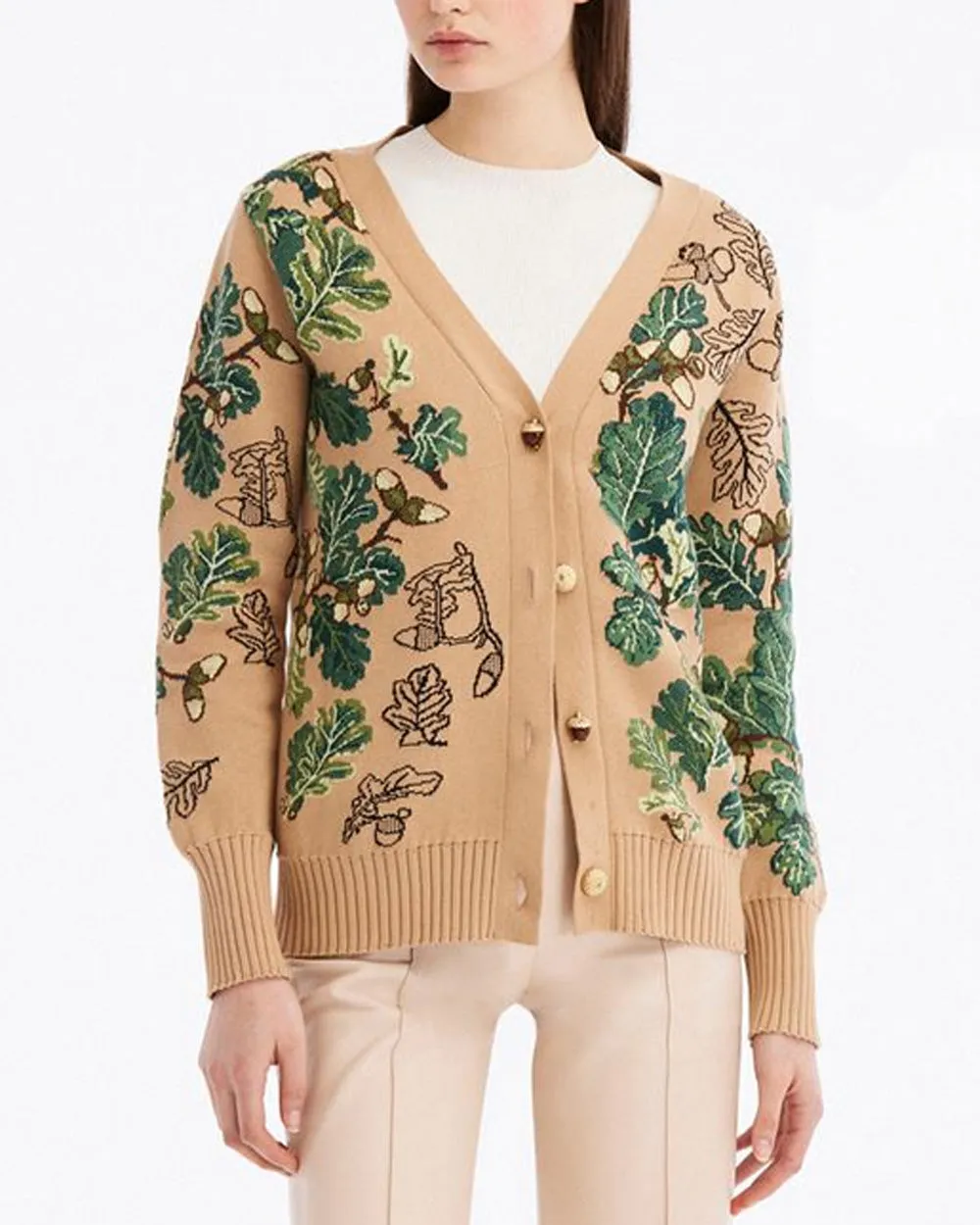 Green and Camel Acorn Jacquard Long Cardigan