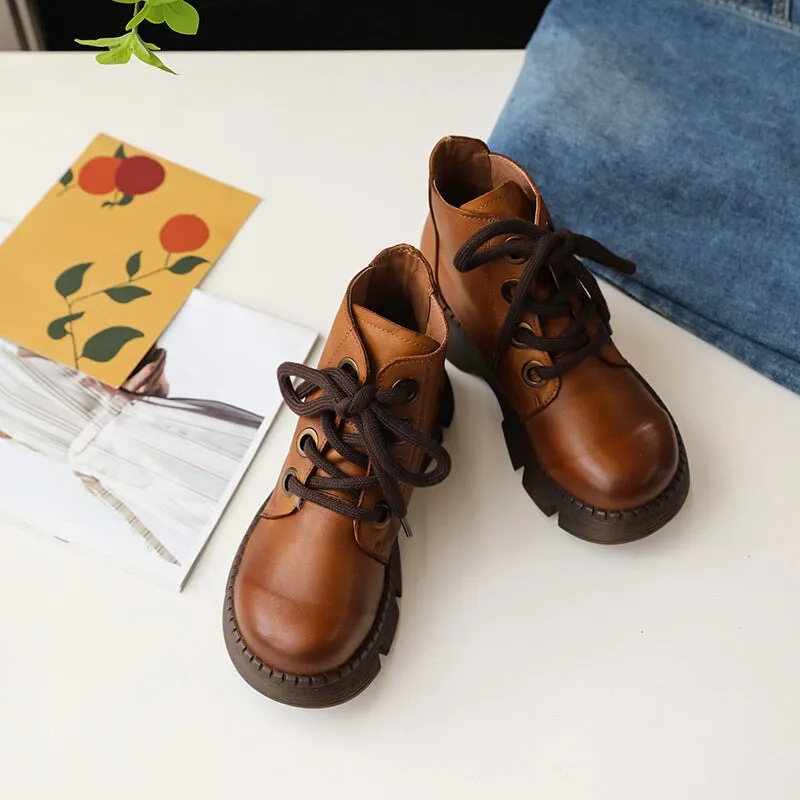 Handmade Cowhide Lace-Up Combat Boots Retro Chunky Martin Platform in Black/Brown