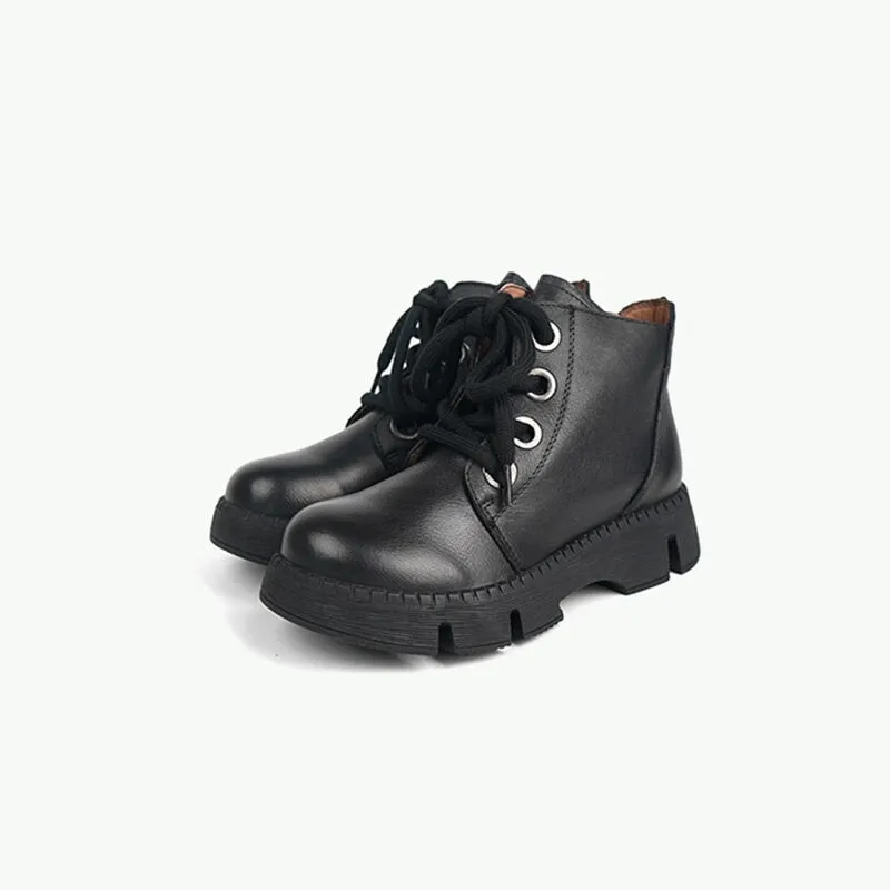 Handmade Cowhide Lace-Up Combat Boots Retro Chunky Martin Platform in Black/Brown