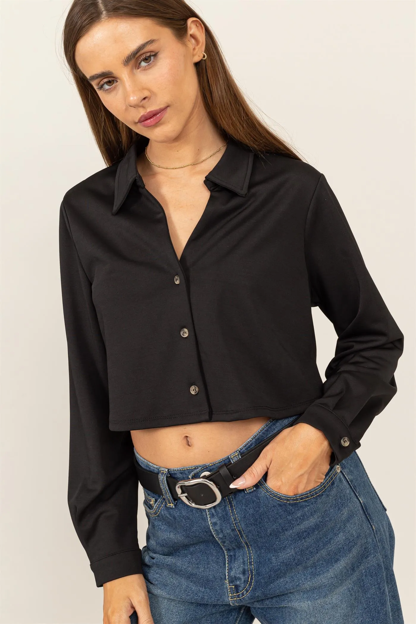 HF24E814-CROPPED BUTTON-UP KNIT SHIRT