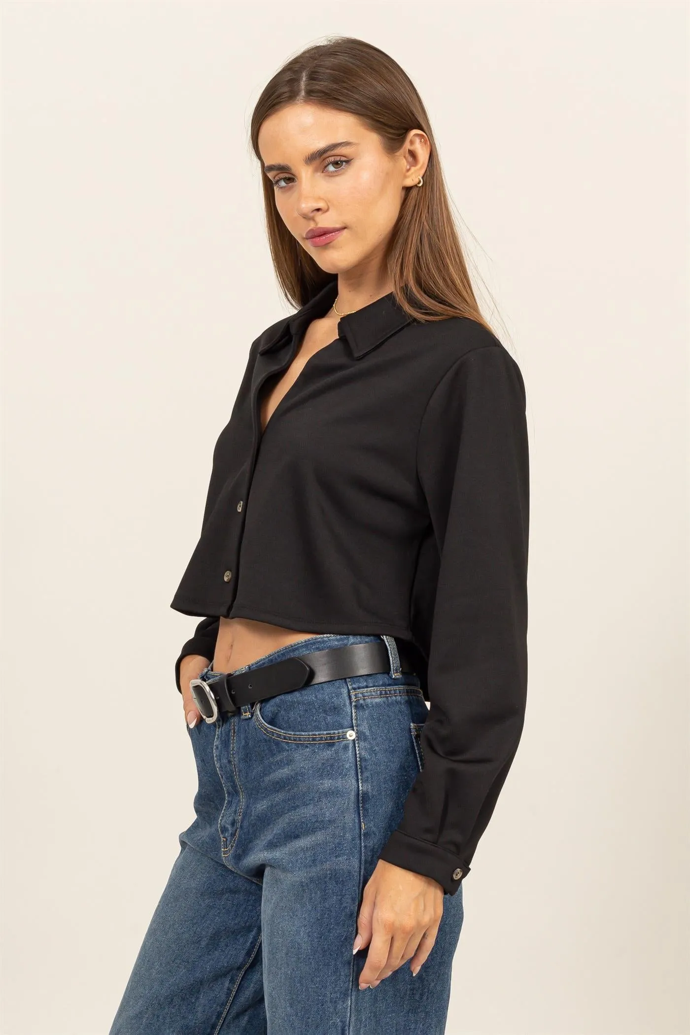 HF24E814-CROPPED BUTTON-UP KNIT SHIRT