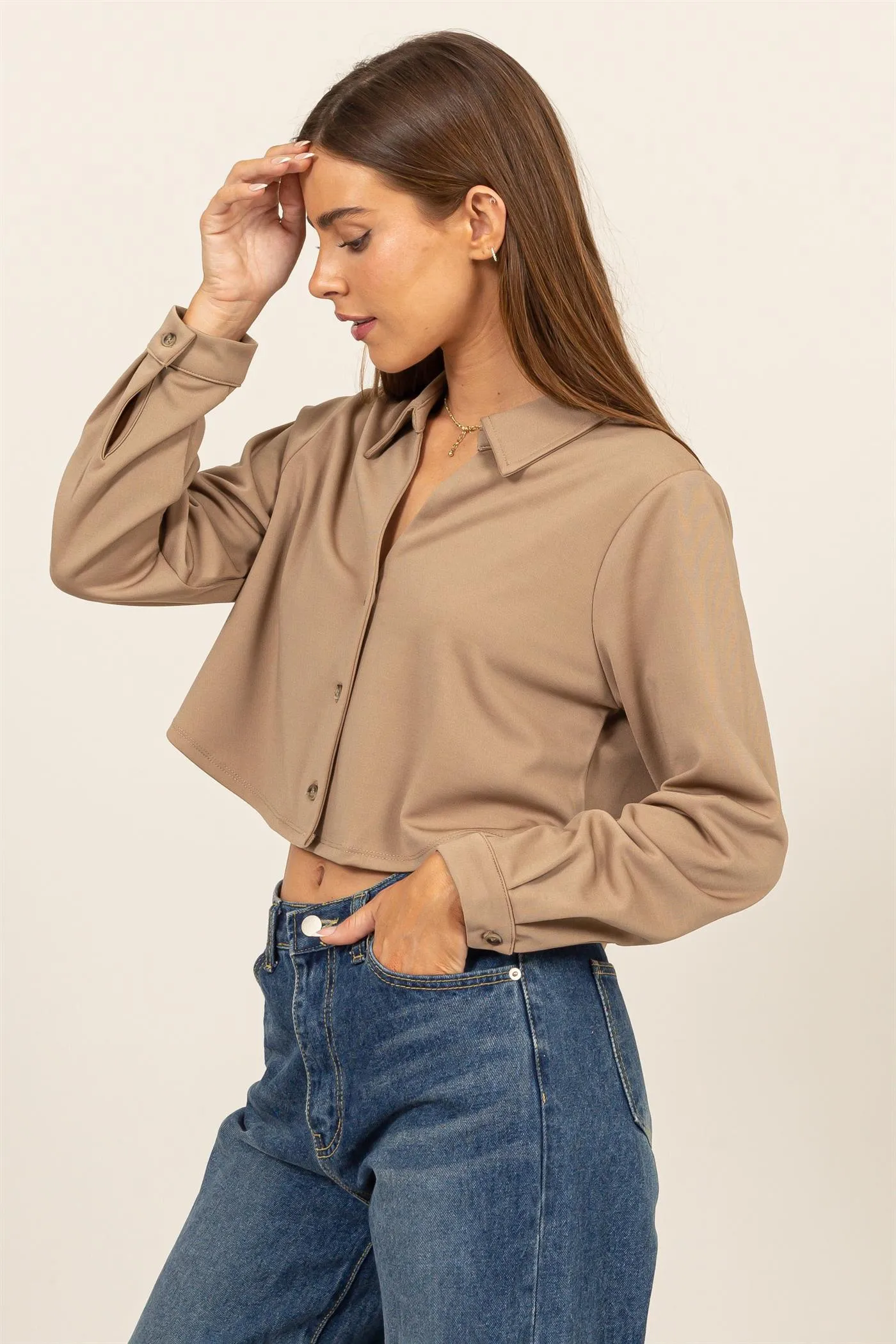 HF24E814-CROPPED BUTTON-UP KNIT SHIRT