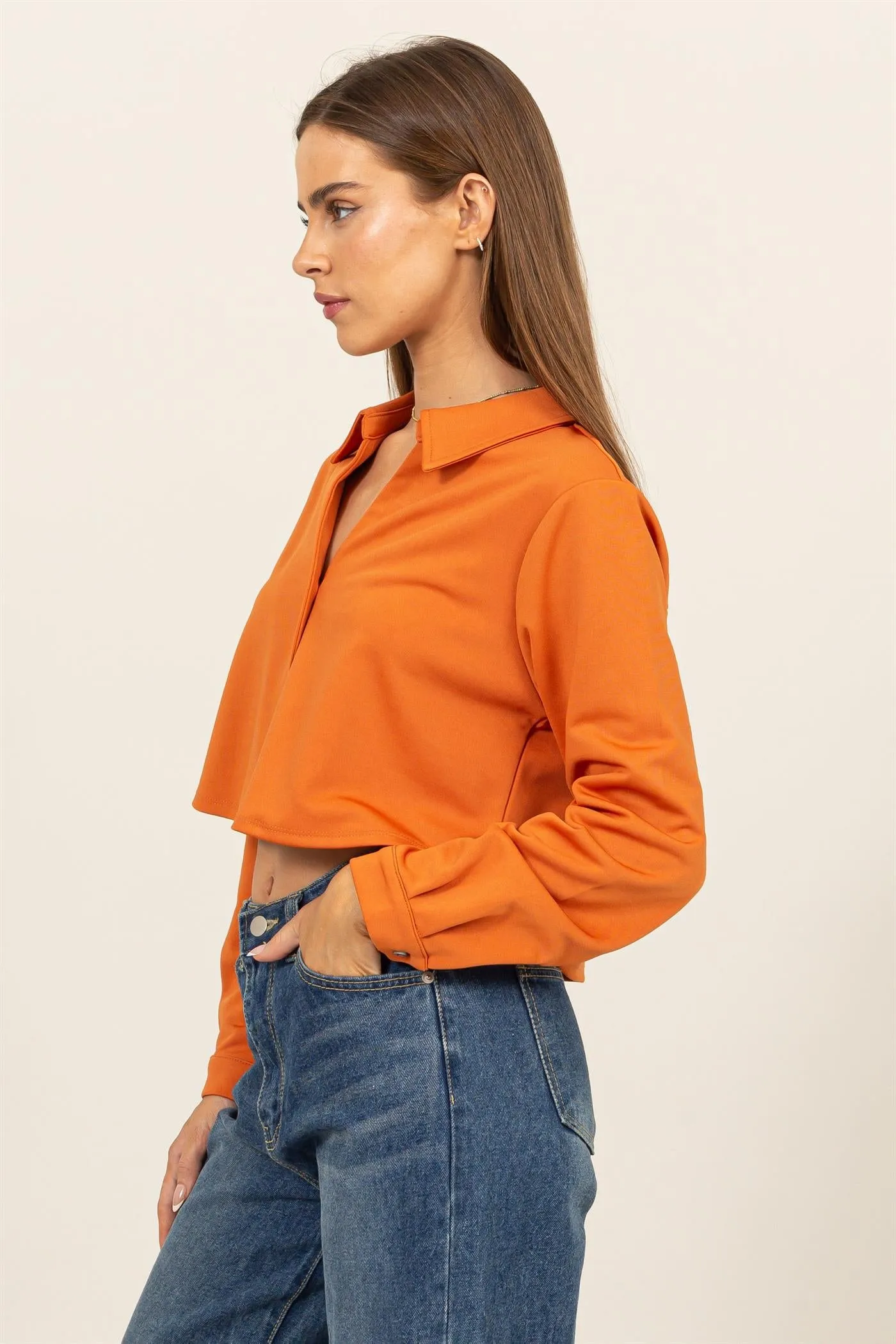 HF24E814-CROPPED BUTTON-UP KNIT SHIRT