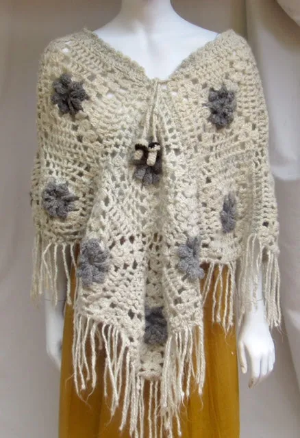 Hongo Hand Crochet Wool Flower and Mushroom Poncho