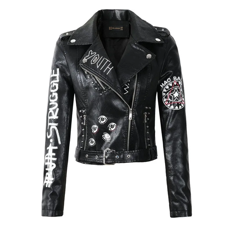 Hot Goth Faux Soft Leather Jackets Coats Lady Black PU Rivet Zipper 3D print Motorcycle Goth